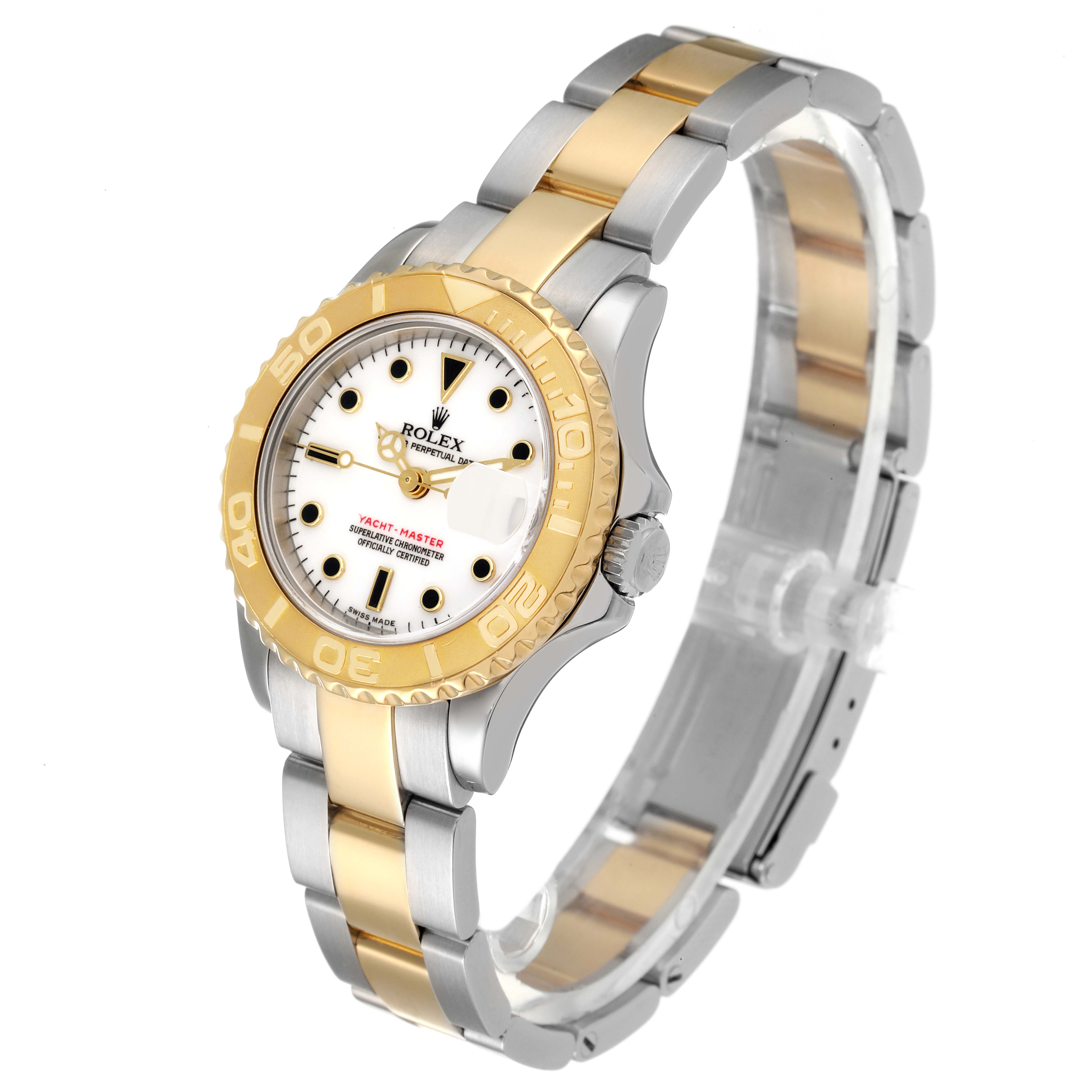 This image shows a Rolex Yacht-Master 169623 Women's Steel and Gold (two tone) White Dial 169623 Women's Steel and Gold (two tone) White Dial watch from an angle displaying the face, bezel, crown, and bracelet.