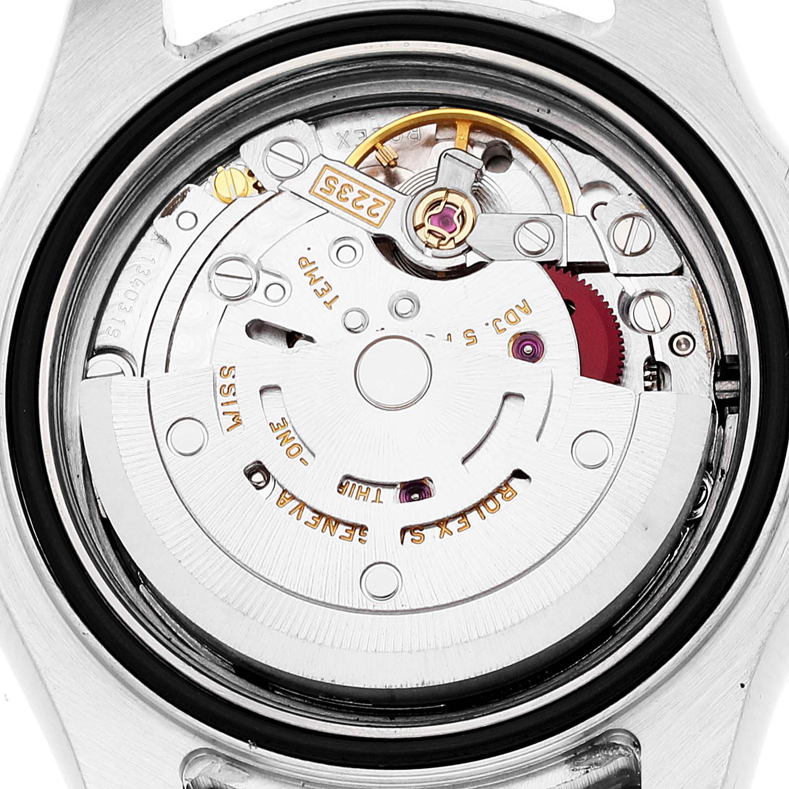 This image shows the inner mechanical movement of a Rolex Yacht-Master 169623 Women's Steel and Gold (two tone) White Dial 169623 Women's Steel and Gold (two tone) White Dial watch from a rear view.