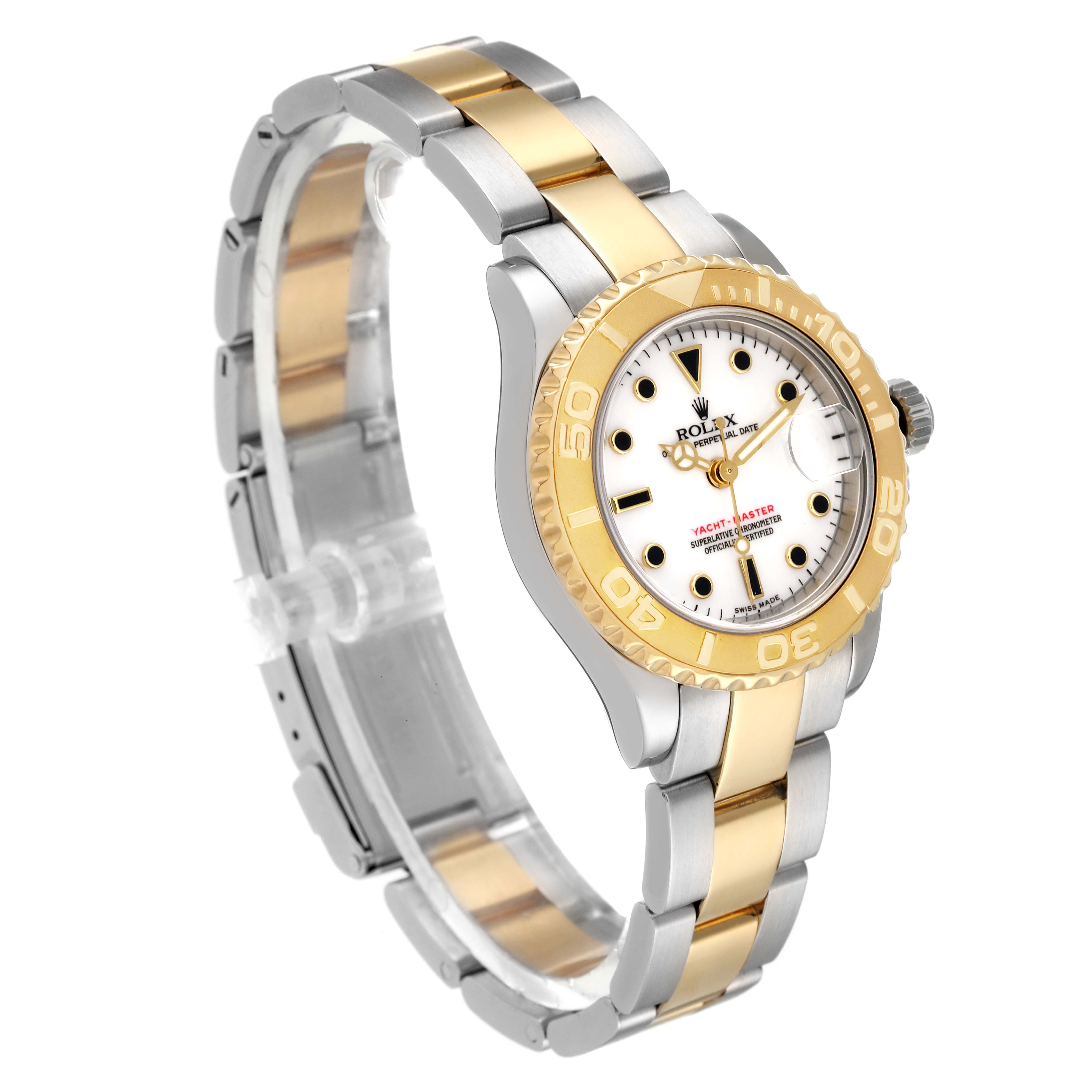 The Rolex Yacht-Master 169623 Women's Steel and Gold (two tone) White Dial 169623 Women's Steel and Gold (two tone) White Dial watch is shown at a slight angle, displaying the face, bezel, and bracelet.