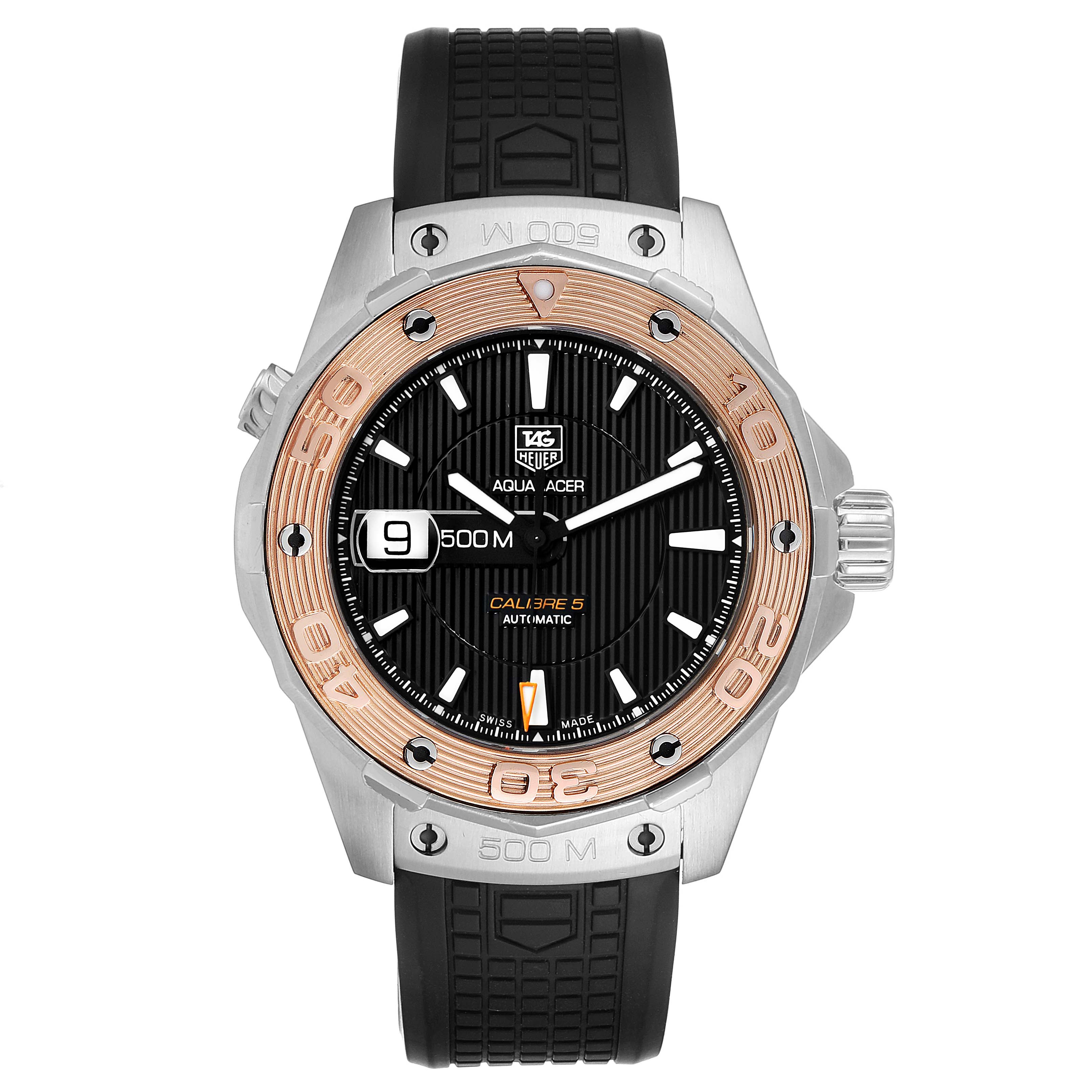 This image shows the front view of a Tag Heuer Aquaracer WAJ2150.FT6015 Men
s Stainless Steel Black Dial WAJ2150.FT6015 Men
s Stainless Steel Black Dial watch, highlighting its dial, bezel, and strap.