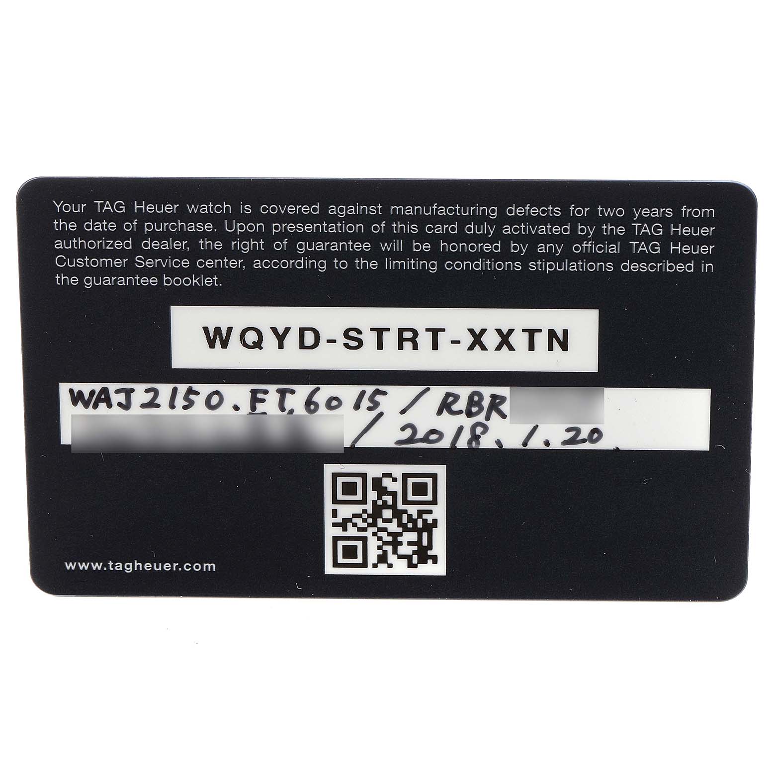 The image shows a guarantee card for a Tag Heuer Aquaracer WAJ2150.FT6015 Men
s Stainless Steel Black Dial WAJ2150.FT6015 Men
s Stainless Steel Black Dial watch, viewed front-side up with text and a QR code.