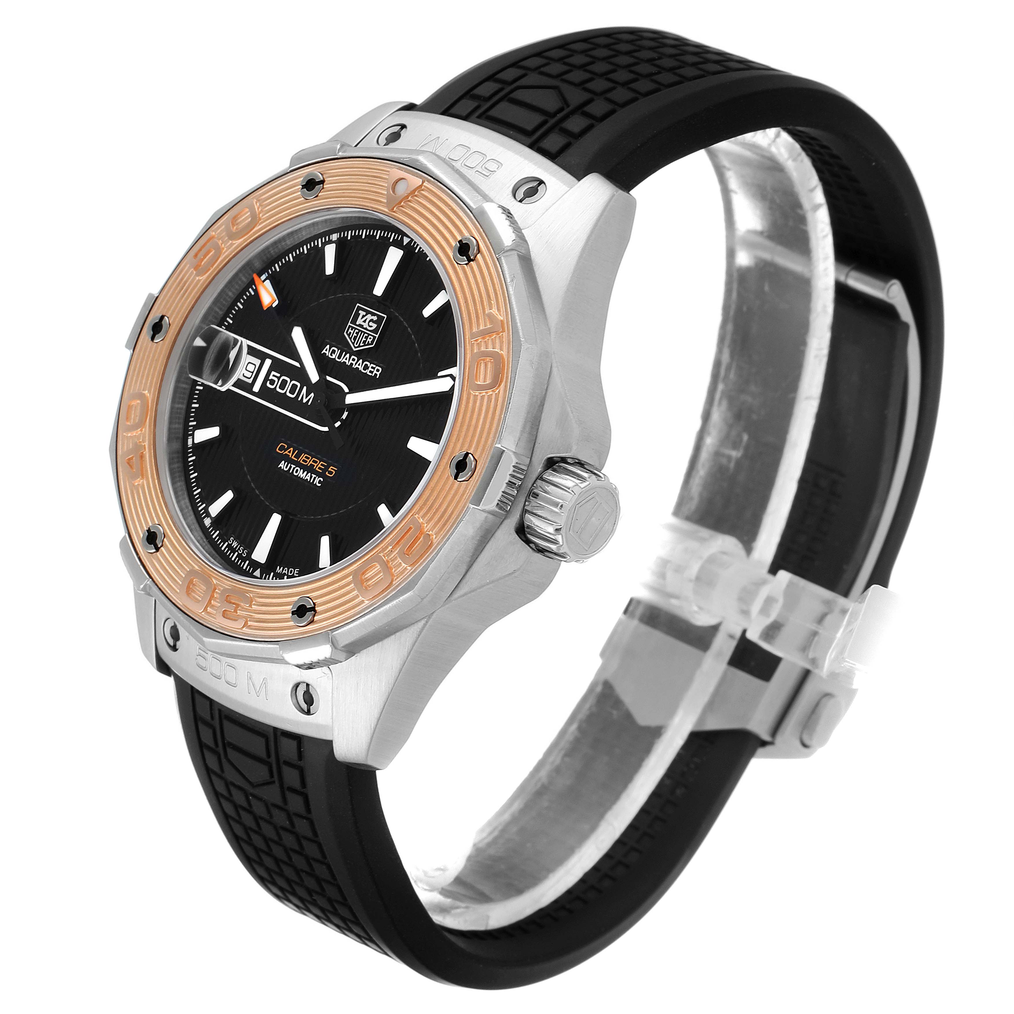 The image shows a Tag Heuer Aquaracer WAJ2150.FT6015 Men
s Stainless Steel Black Dial WAJ2150.FT6015 Men
s Stainless Steel Black Dial watch at a three-quarter angle, highlighting its bezel, dial, crown, and black strap.