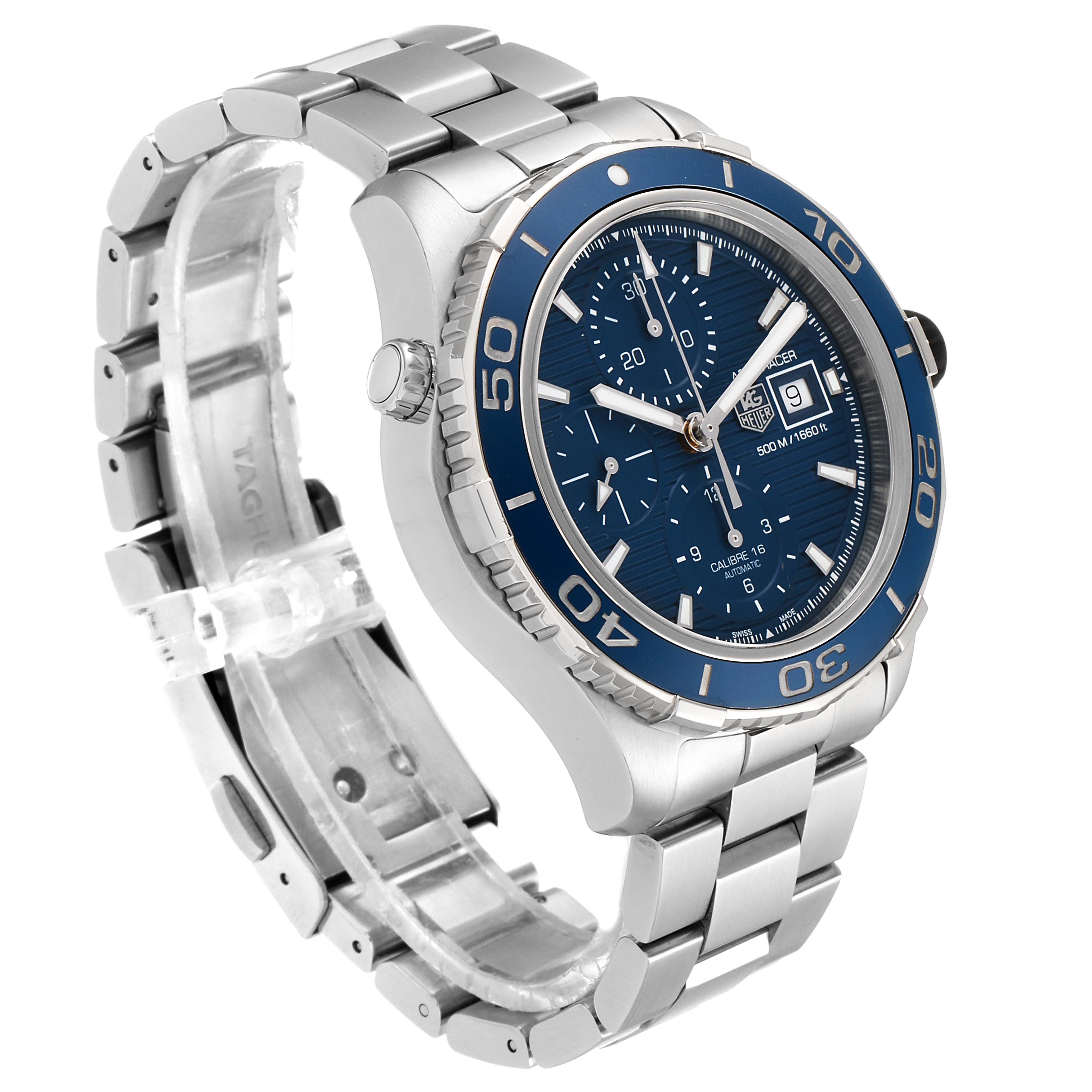 The image shows a side angle of the Tag Heuer Aquaracer CAK2112.BA0833 Men
s Stainless Steel Blue Dial CAK2112.BA0833 Men
s Stainless Steel Blue Dial watch, highlighting its blue dial, bezel, and stainless steel bracelet.