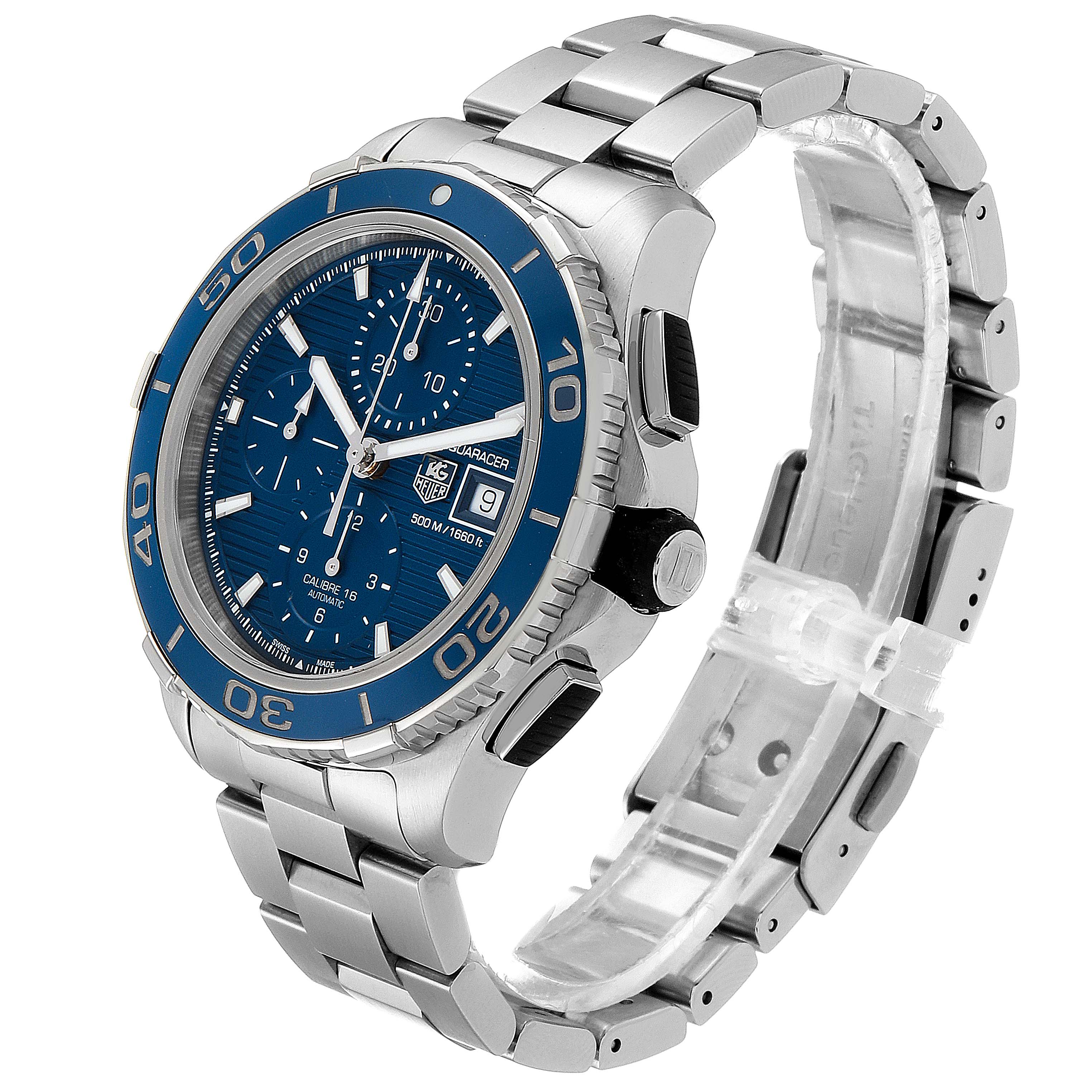 The image shows a side angle of the Tag Heuer Aquaracer CAK2112.BA0833 Men
s Stainless Steel Blue Dial CAK2112.BA0833 Men
s Stainless Steel Blue Dial watch, highlighting its face, bezel, and stainless steel bracelet.