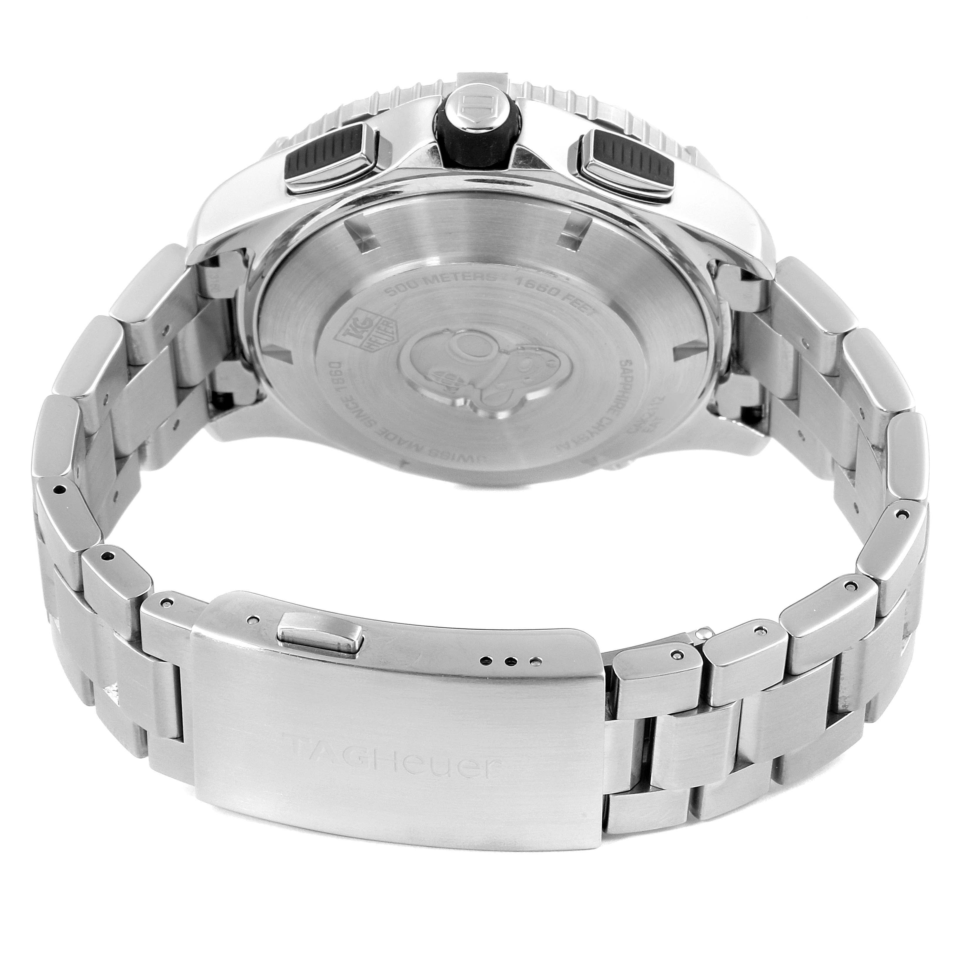 The image shows the back and clasp of a Tag Heuer Aquaracer CAK2112.BA0833 Men
s Stainless Steel Blue Dial CAK2112.BA0833 Men
s Stainless Steel Blue Dial watch, highlighting the stainless steel bracelet and case back.