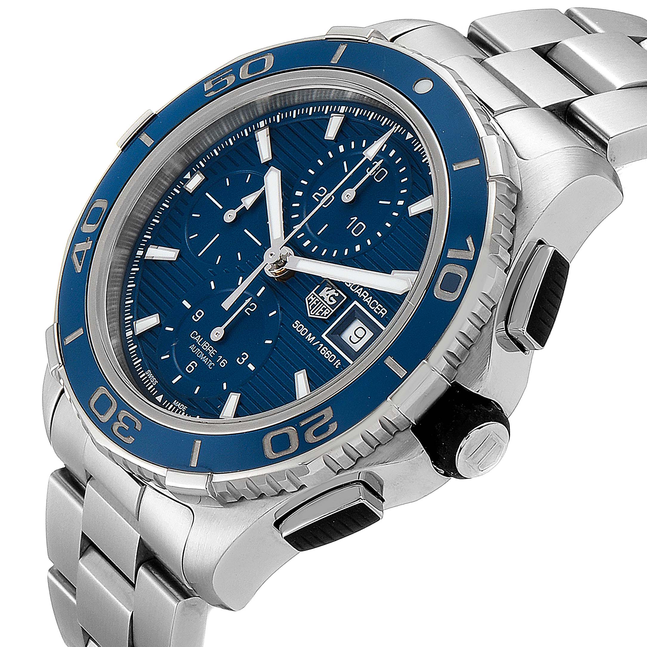 The image shows a Tag Heuer Aquaracer CAK2112.BA0833 Men
s Stainless Steel Blue Dial CAK2112.BA0833 Men
s Stainless Steel Blue Dial watch at an angle highlighting the bezel, dial, and bracelet.
