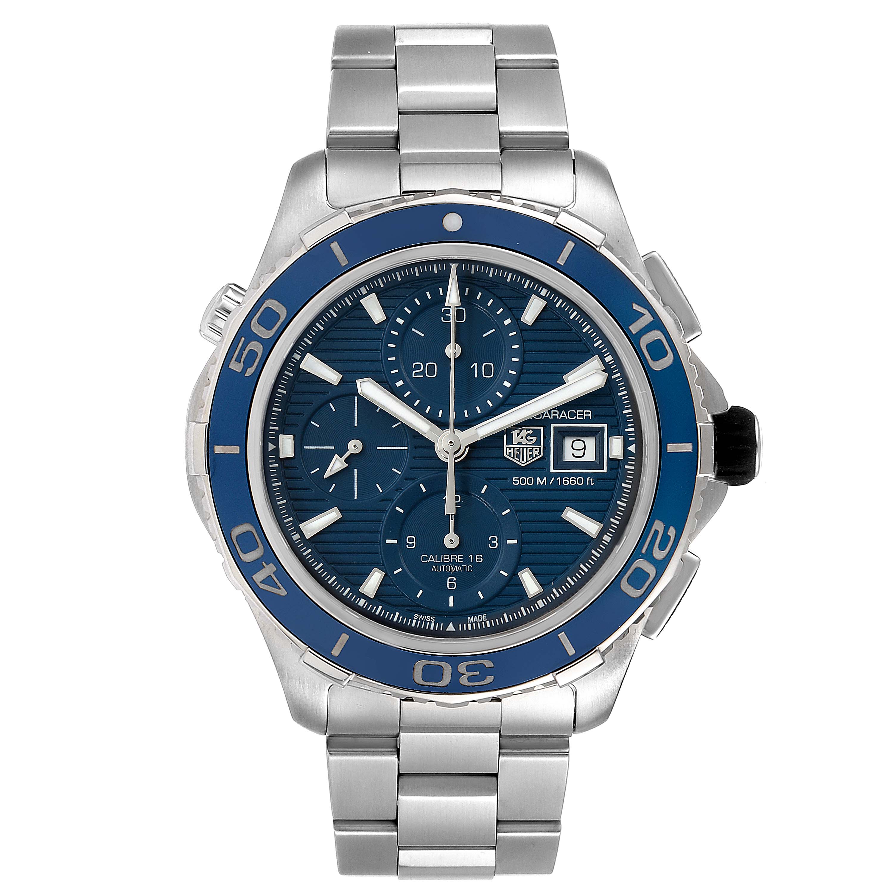 The image displays a front view of the Tag Heuer Aquaracer CAK2112.BA0833 Men
s Stainless Steel Blue Dial CAK2112.BA0833 Men
s Stainless Steel Blue Dial watch, showcasing its face, bezel, and bracelet.