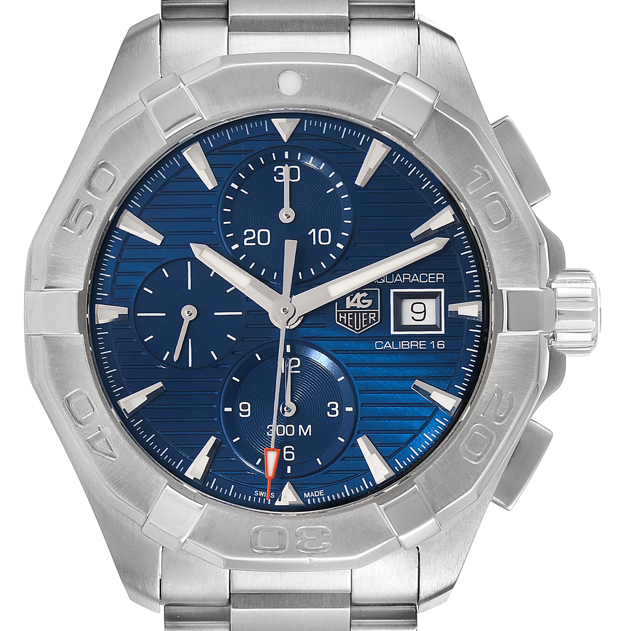 The image shows a front view of a Tag Heuer Aquaracer CAY2112.BA0927 Men
s Stainless Steel Blue Dial CAY2112.BA0927 Men
s Stainless Steel Blue Dial watch, featuring a blue dial, chronograph subdials, and a date window.