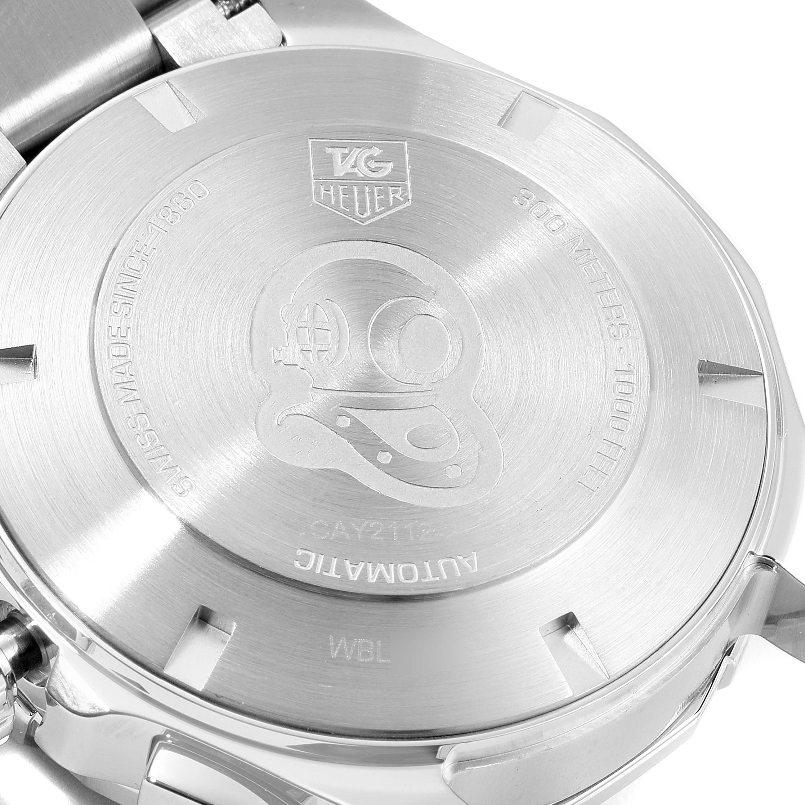 The image shows the back case of the Tag Heuer Aquaracer CAY2112.BA0927 Men
s Stainless Steel Blue Dial CAY2112.BA0927 Men
s Stainless Steel Blue Dial watch, displaying the brand logo and model details.