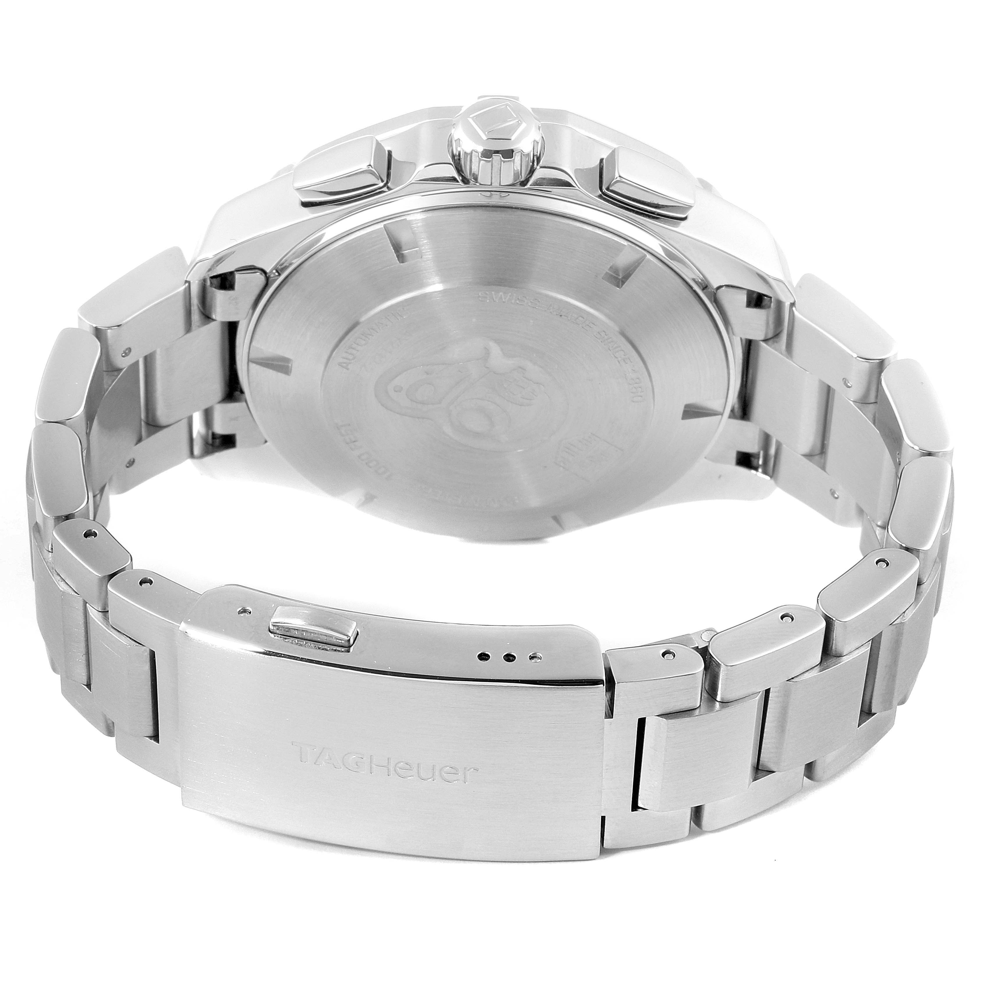 The image shows a back view of the Tag Heuer Aquaracer CAY2112.BA0927 Men
s Stainless Steel Blue Dial CAY2112.BA0927 Men
s Stainless Steel Blue Dial watch, focusing on the case back and bracelet clasp.