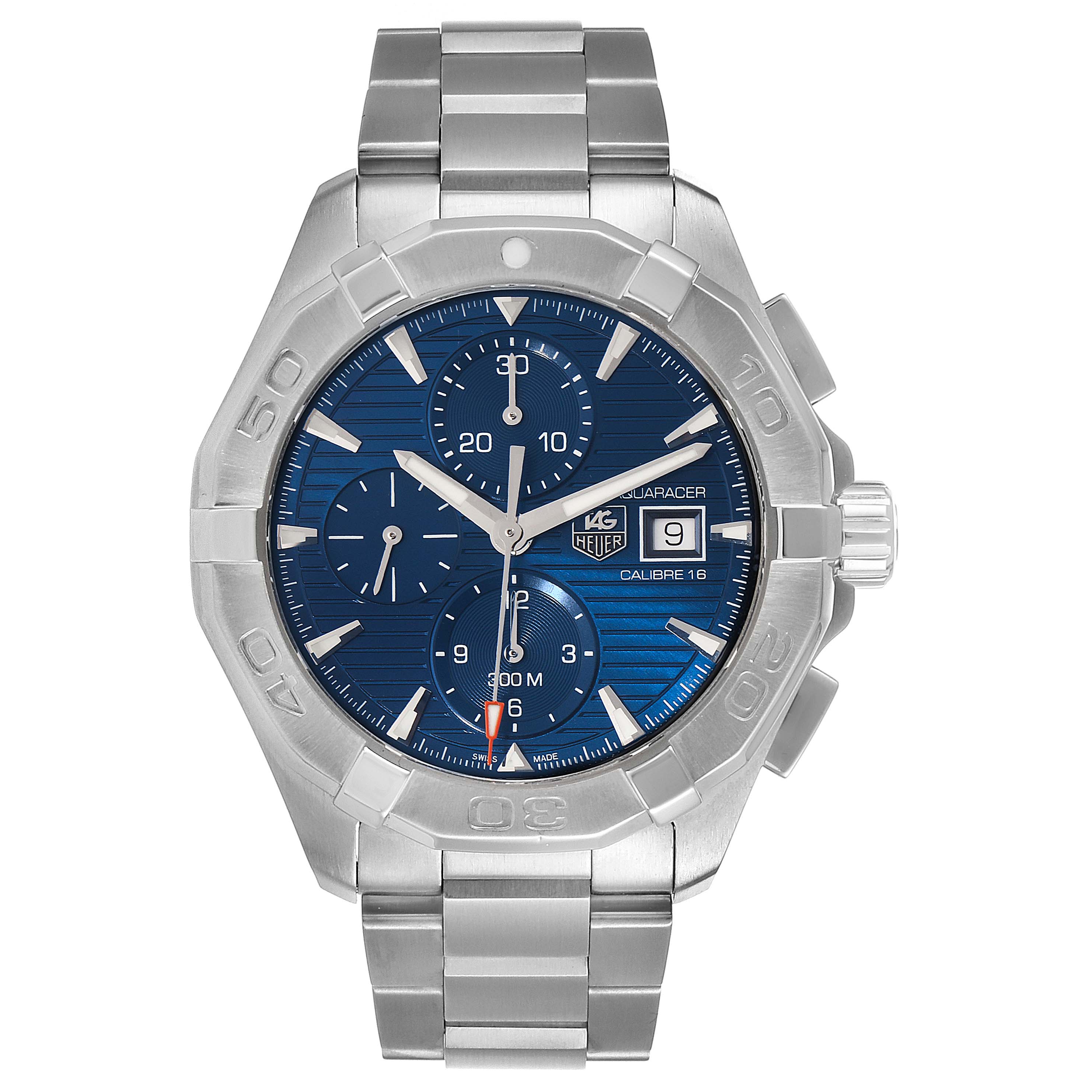 The image shows a front view of the Tag Heuer Aquaracer CAY2112.BA0927 Men
s Stainless Steel Blue Dial CAY2112.BA0927 Men
s Stainless Steel Blue Dial watch, highlighting its face and bracelet.