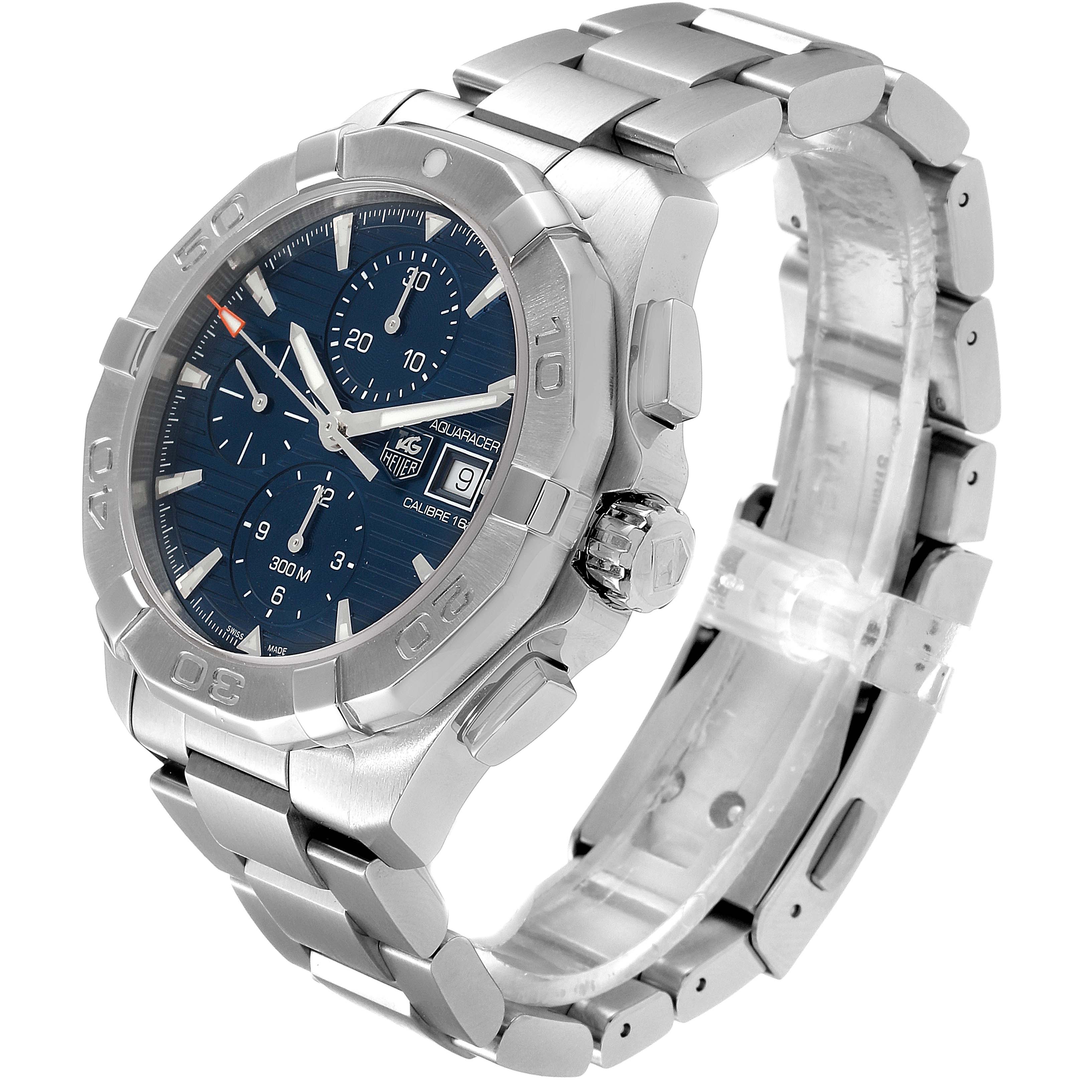 The Tag Heuer Aquaracer CAY2112.BA0927 Men
s Stainless Steel Blue Dial CAY2112.BA0927 Men
s Stainless Steel Blue Dial watch is shown at a three-quarter angle, displaying the face, bezel, crown, and metal bracelet.