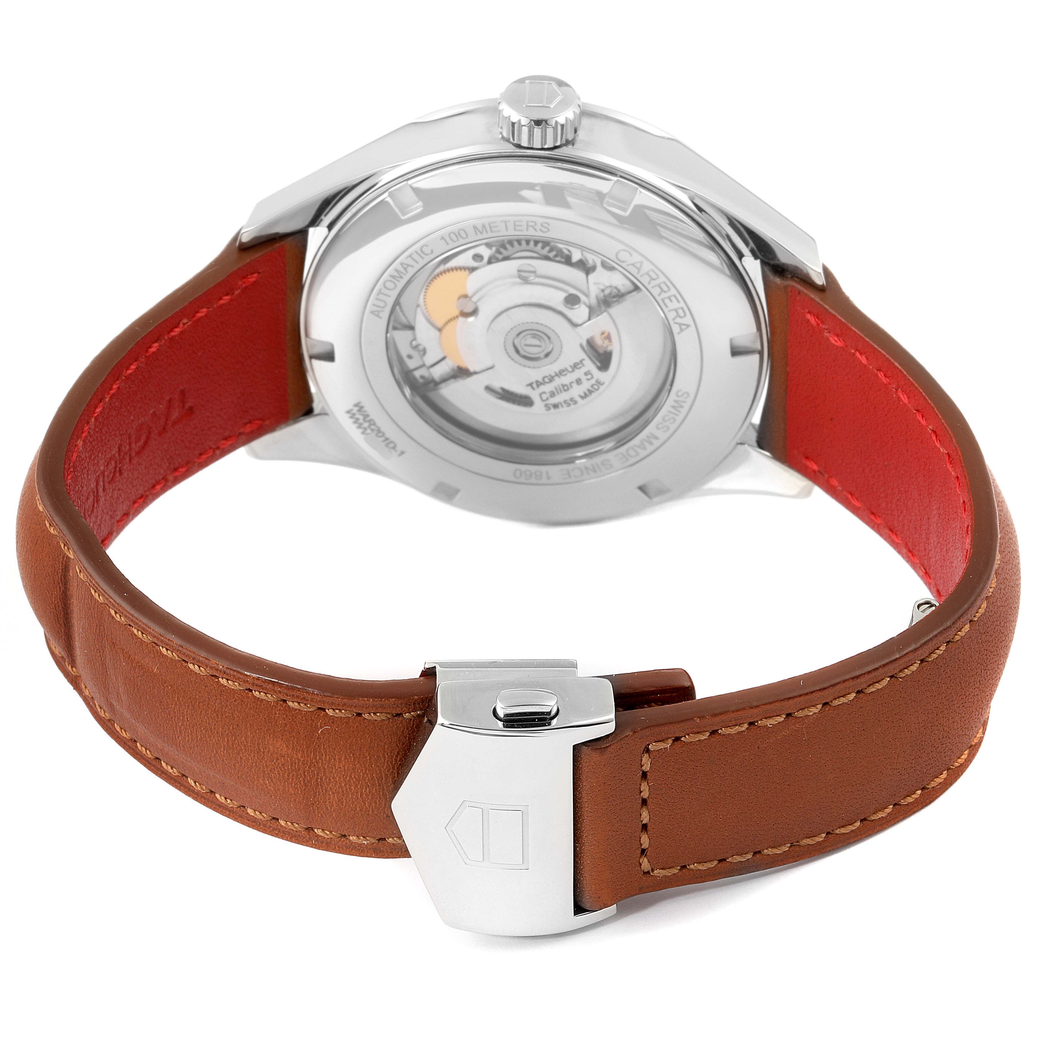 The image shows the back view of a Tag Heuer Carrera WAR201D.FC6291 Men
s Stainless Steel Silver Dial WAR201D.FC6291 Men
s Stainless Steel Silver Dial watch, highlighting the automatic movement and leather strap.