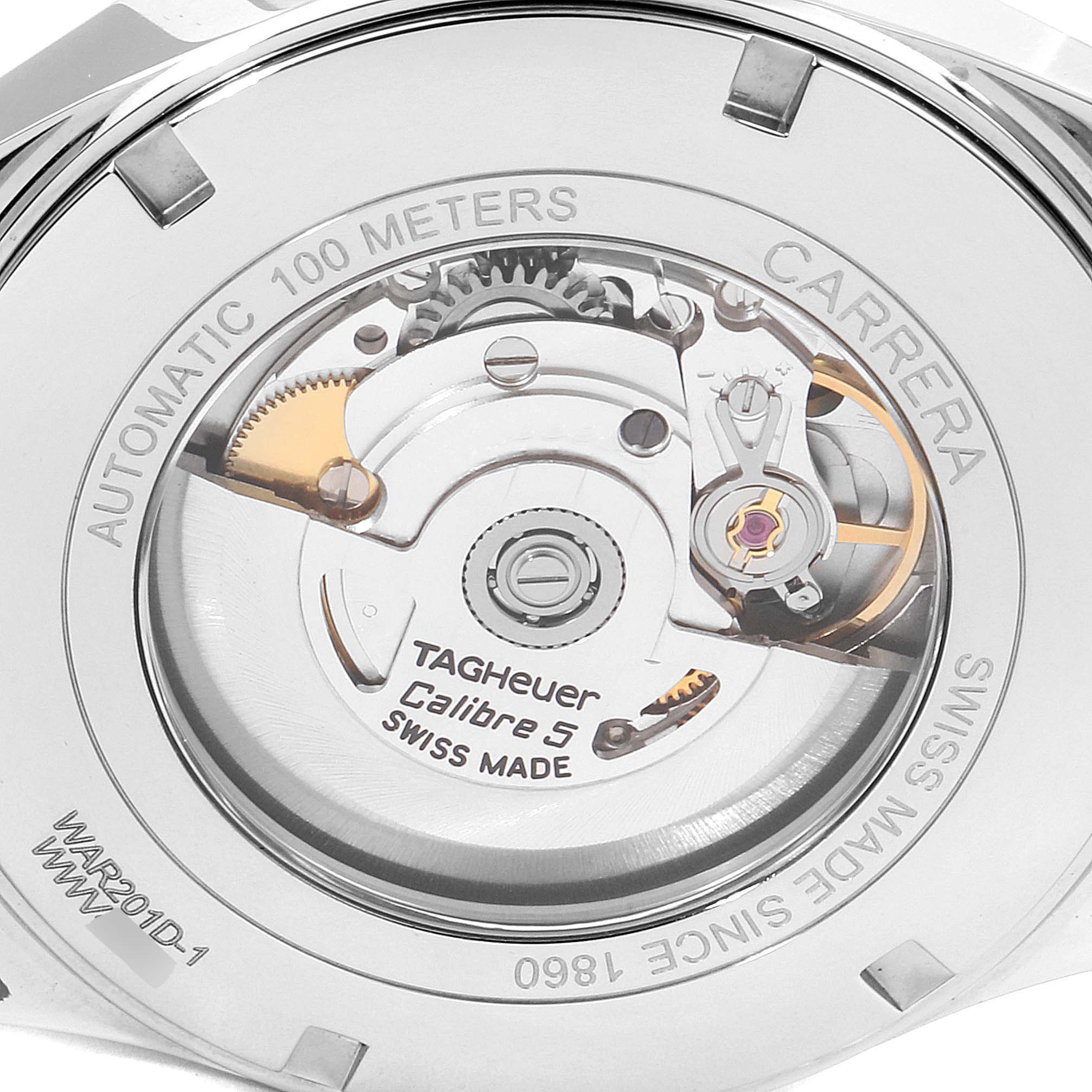 This image shows the back of the Tag Heuer Carrera WAR201D.FC6291 Men
s Stainless Steel Silver Dial WAR201D.FC6291 Men
s Stainless Steel Silver Dial watch, revealing the Calibre 5 automatic movement.