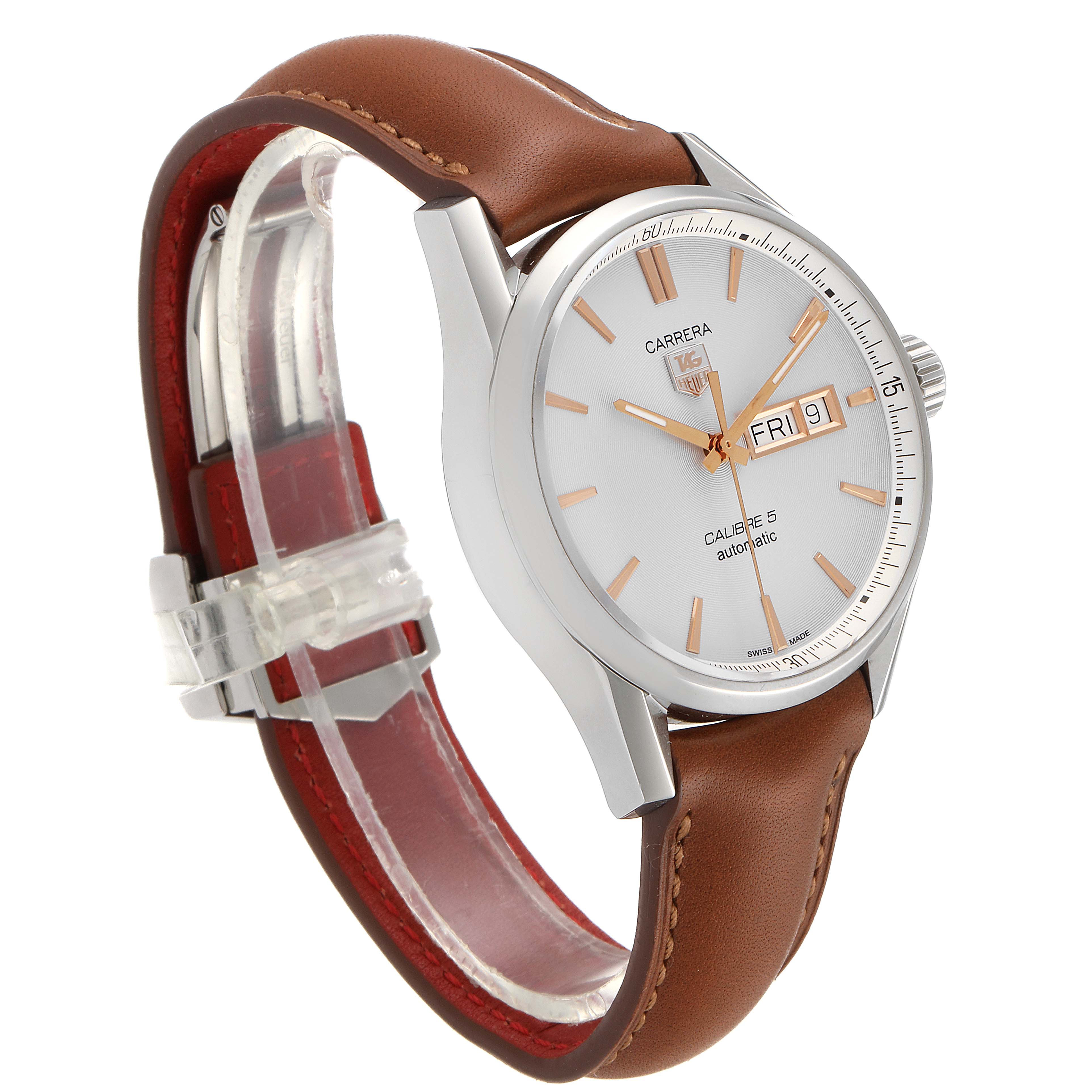 The image shows a Tag Heuer Carrera WAR201D.FC6291 Men
s Stainless Steel Silver Dial WAR201D.FC6291 Men
s Stainless Steel Silver Dial watch from a left-side angle, highlighting its dial, case, and brown leather strap.