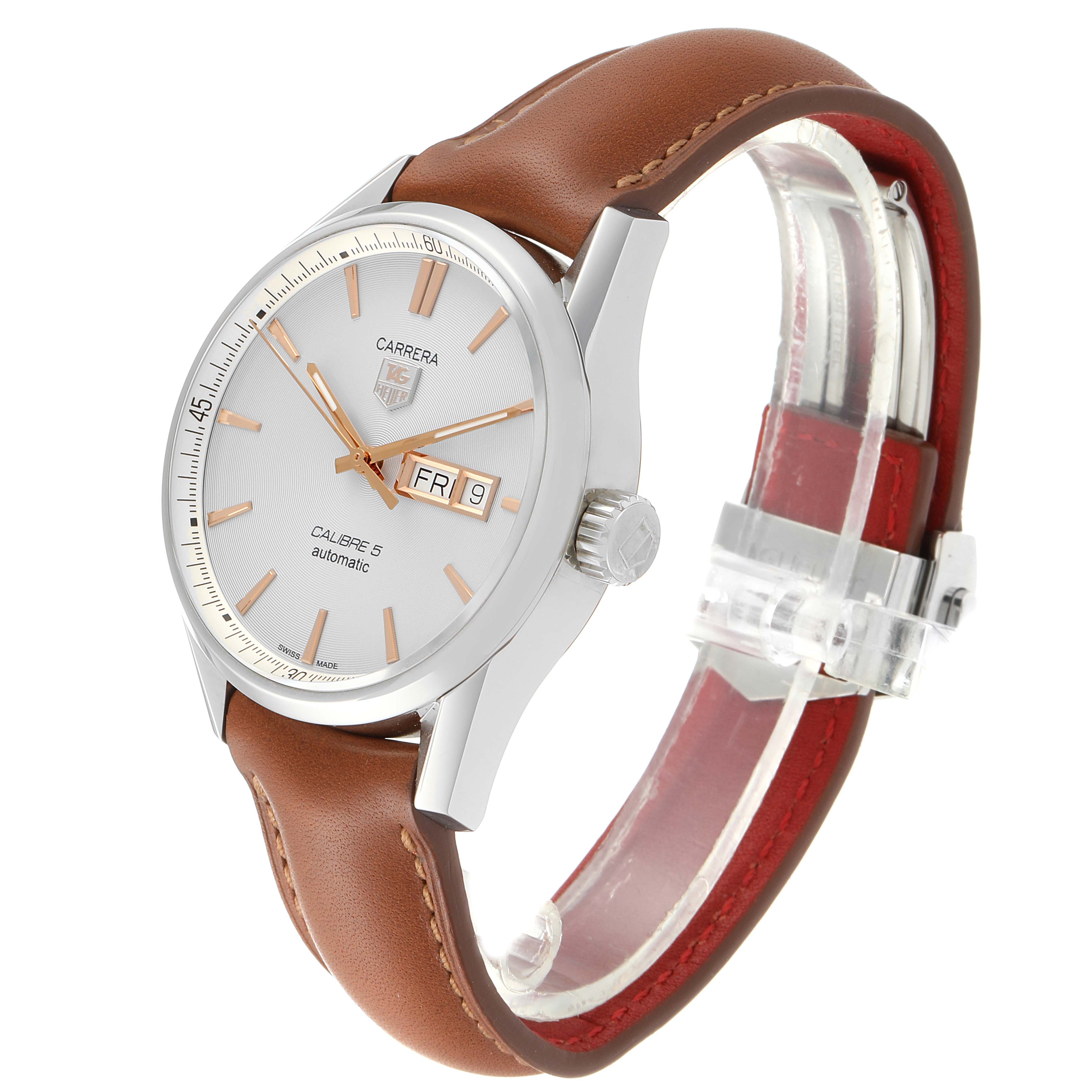 The image shows a side angle of the Carrera by Tag Heuer, highlighting its dial, crown, leather strap, and date display.