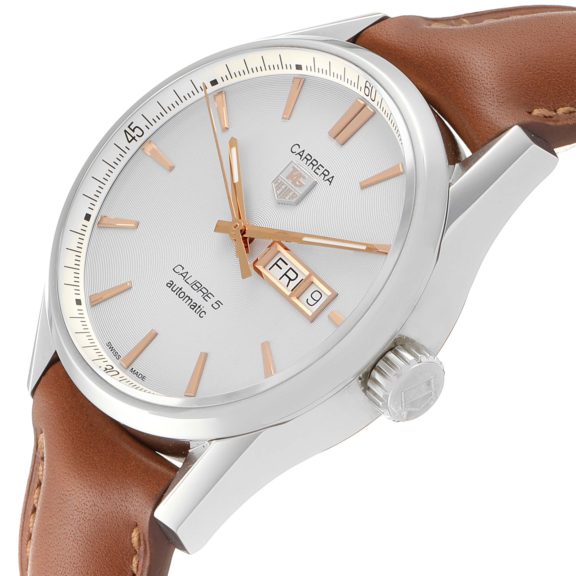 The Tag Heuer Carrera WAR201D.FC6291 Men
s Stainless Steel Silver Dial WAR201D.FC6291 Men
s Stainless Steel Silver Dial watch is shown at an angle, highlighting the dial, crown, and part of the leather strap.