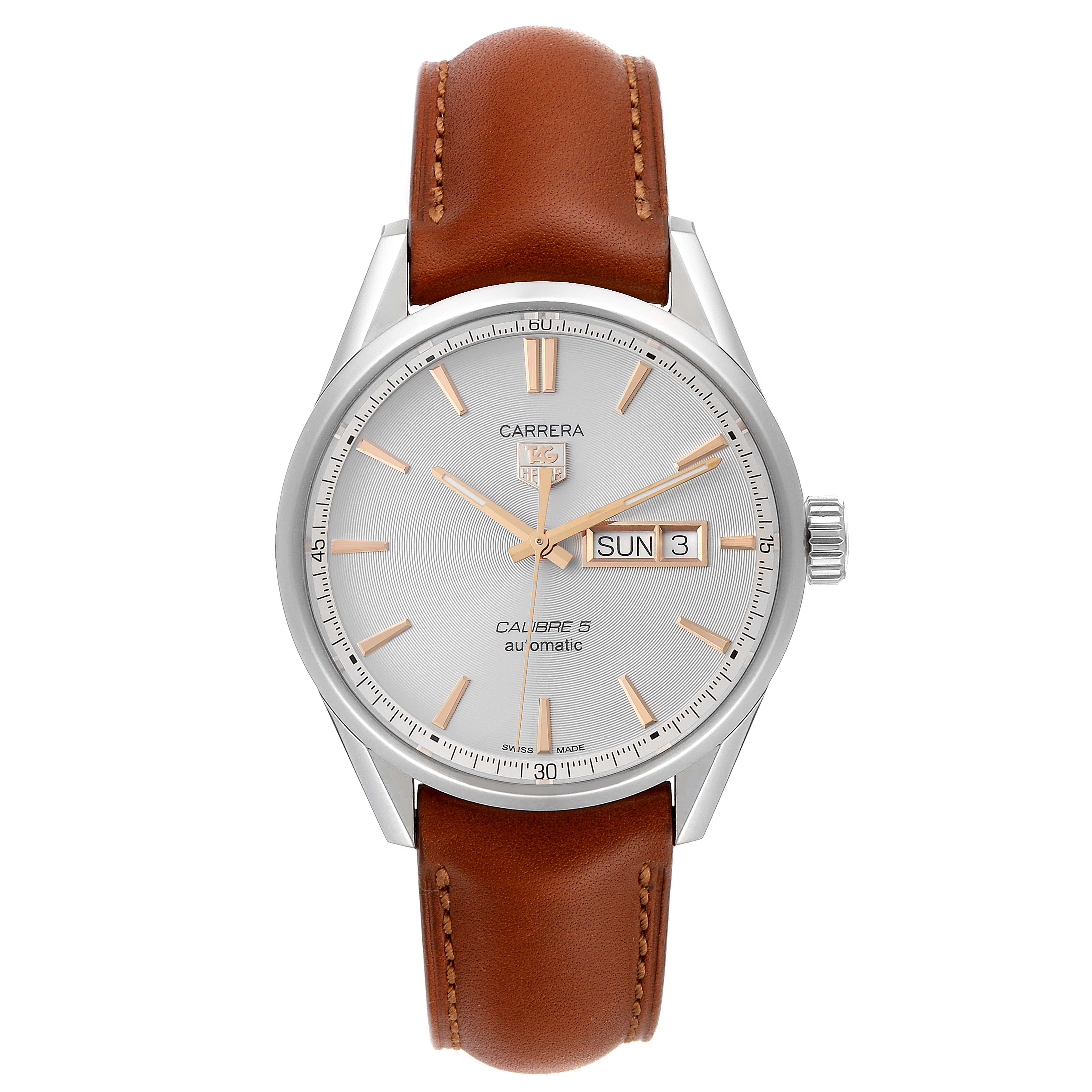 The image shows a front view of a Tag Heuer Carrera WAR201D.FC6291 Men
s Stainless Steel Silver Dial WAR201D.FC6291 Men
s Stainless Steel Silver Dial watch with a brown leather strap, silver dial, and day-date display.