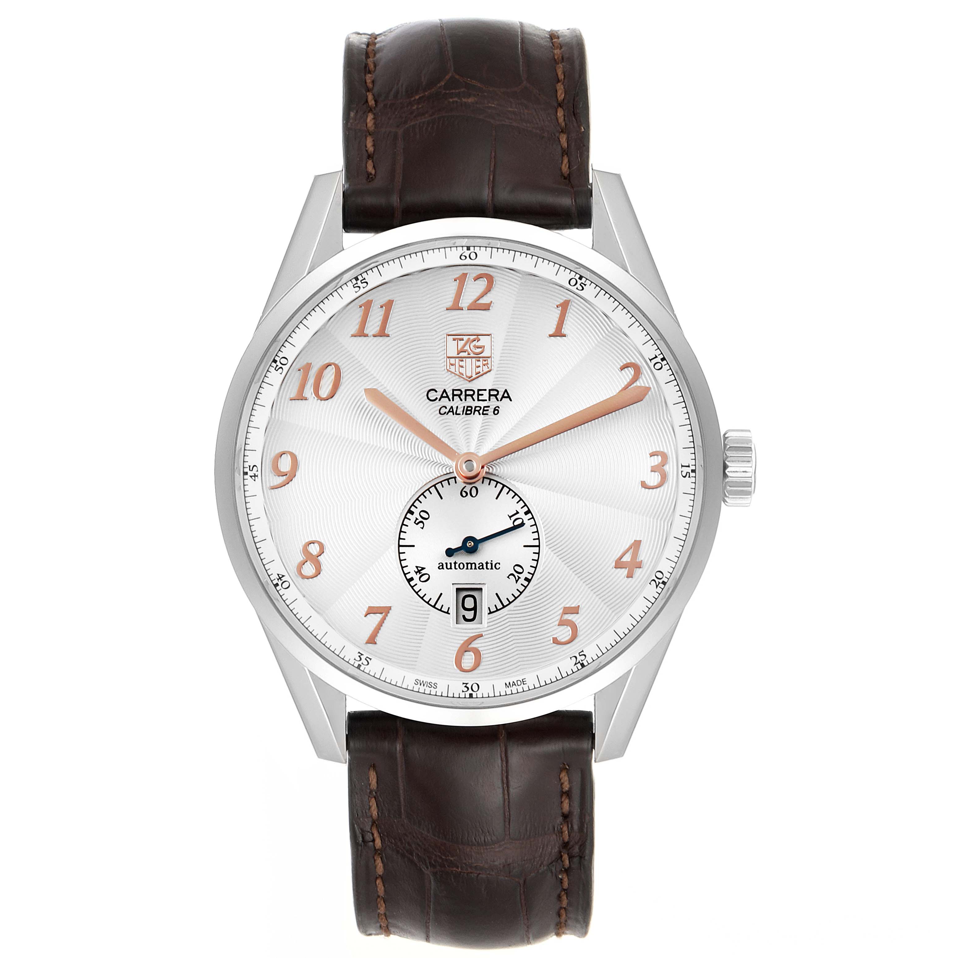 The image shows a front view of the Tag Heuer Carrera WAS2112.FC6181 Men
s Stainless Steel Silver Dial WAS2112.FC6181 Men
s Stainless Steel Silver Dial Calibre 6 watch, showcasing its dial, casing, and leather strap.