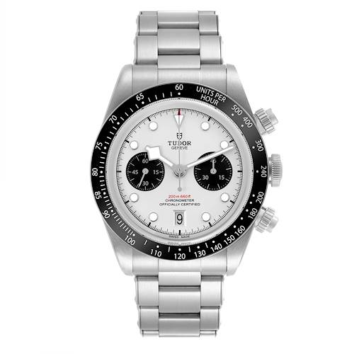 The Tudor Heritage Chrono watch is shown from the front, displaying the dial, bezel, crown, and bracelet.