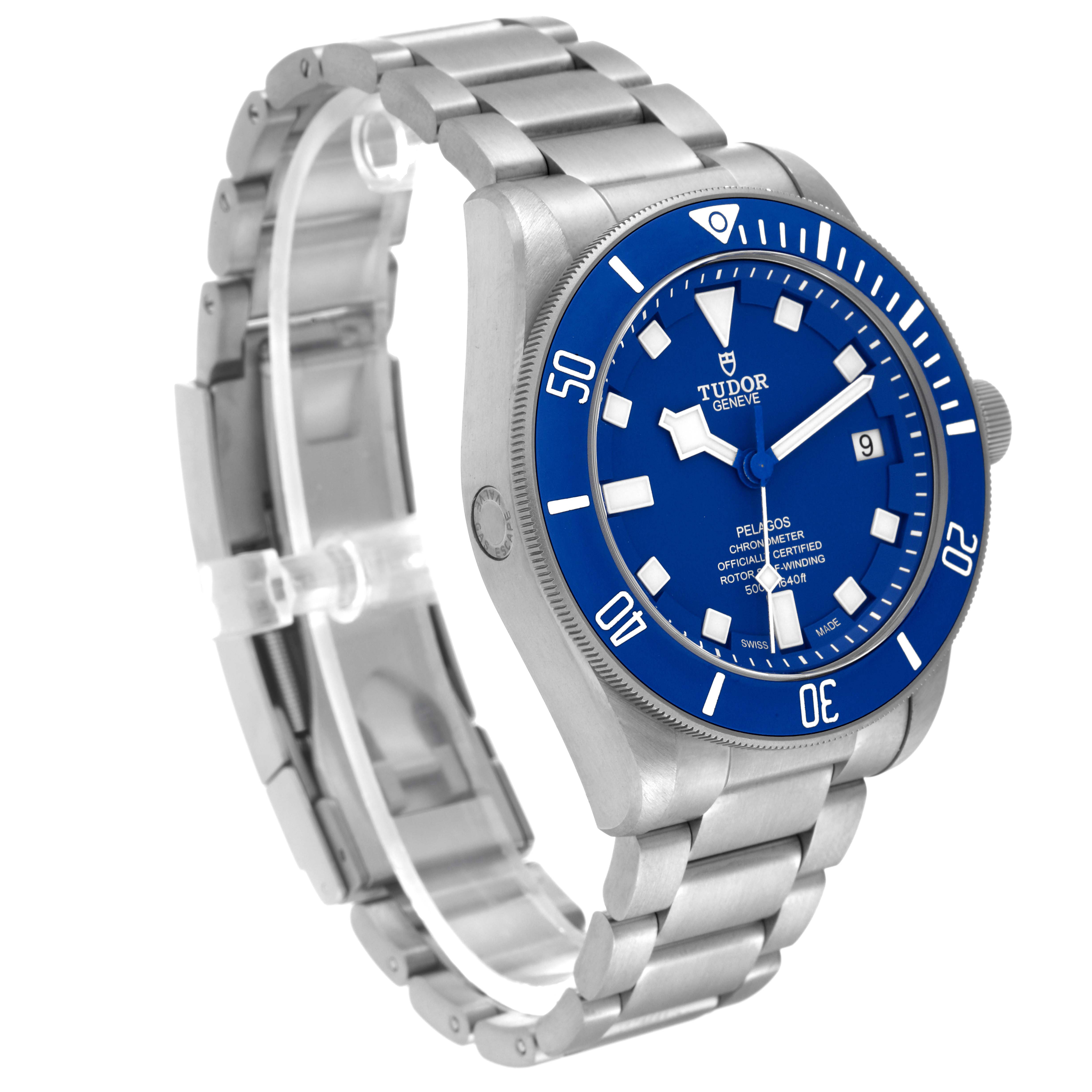 The image shows a side view of the Tudor Pelagos 25600TB Men's Titanium Blue Dial 25600TB Men's Titanium Blue Dial watch, highlighting the blue dial, bezel, and part of the metal bracelet.