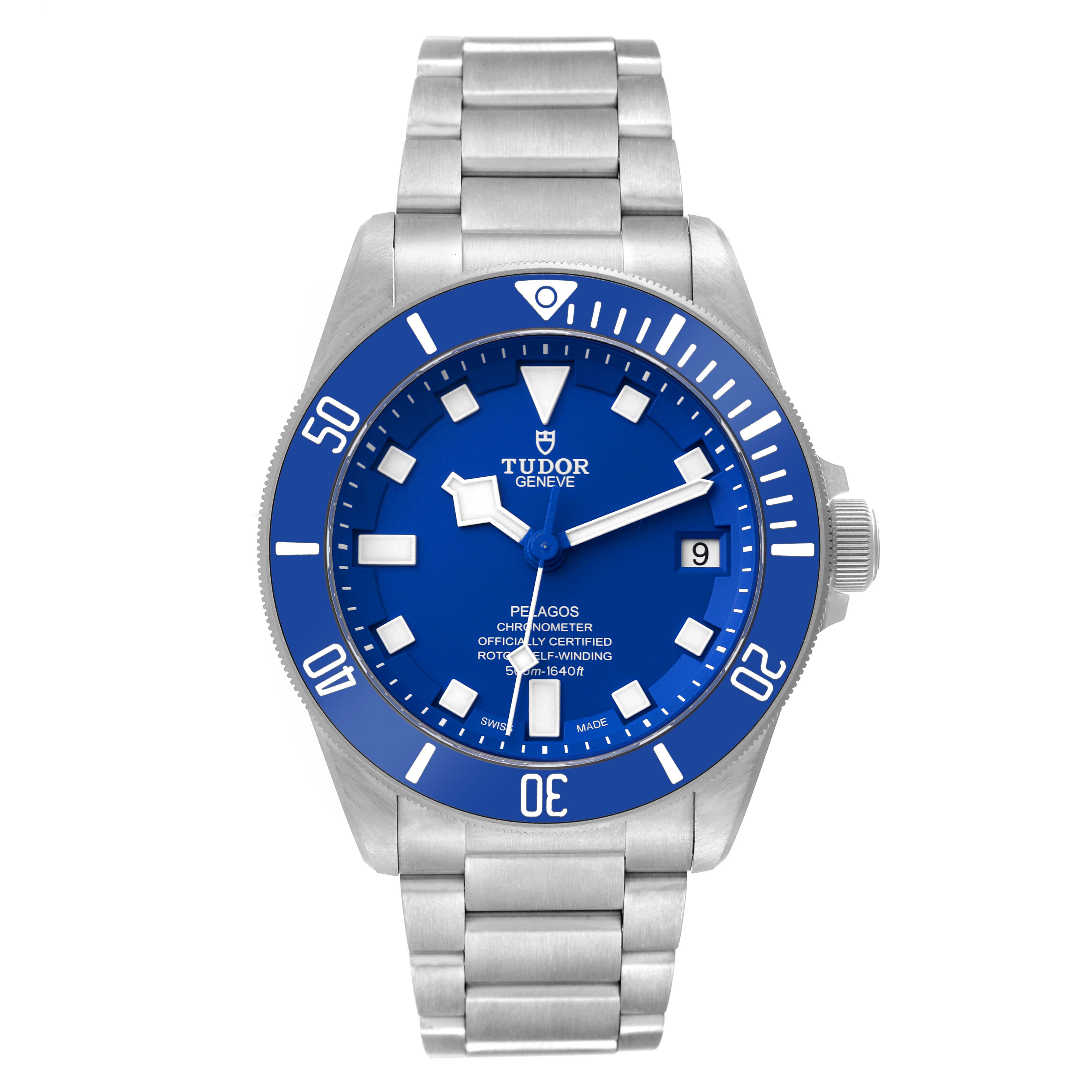 This image shows a frontal view of a Tudor Pelagos 25600TB Men's Titanium Blue Dial 25600TB Men's Titanium Blue Dial watch, highlighting its blue dial, watch hands, bezel, date display, and metal bracelet.