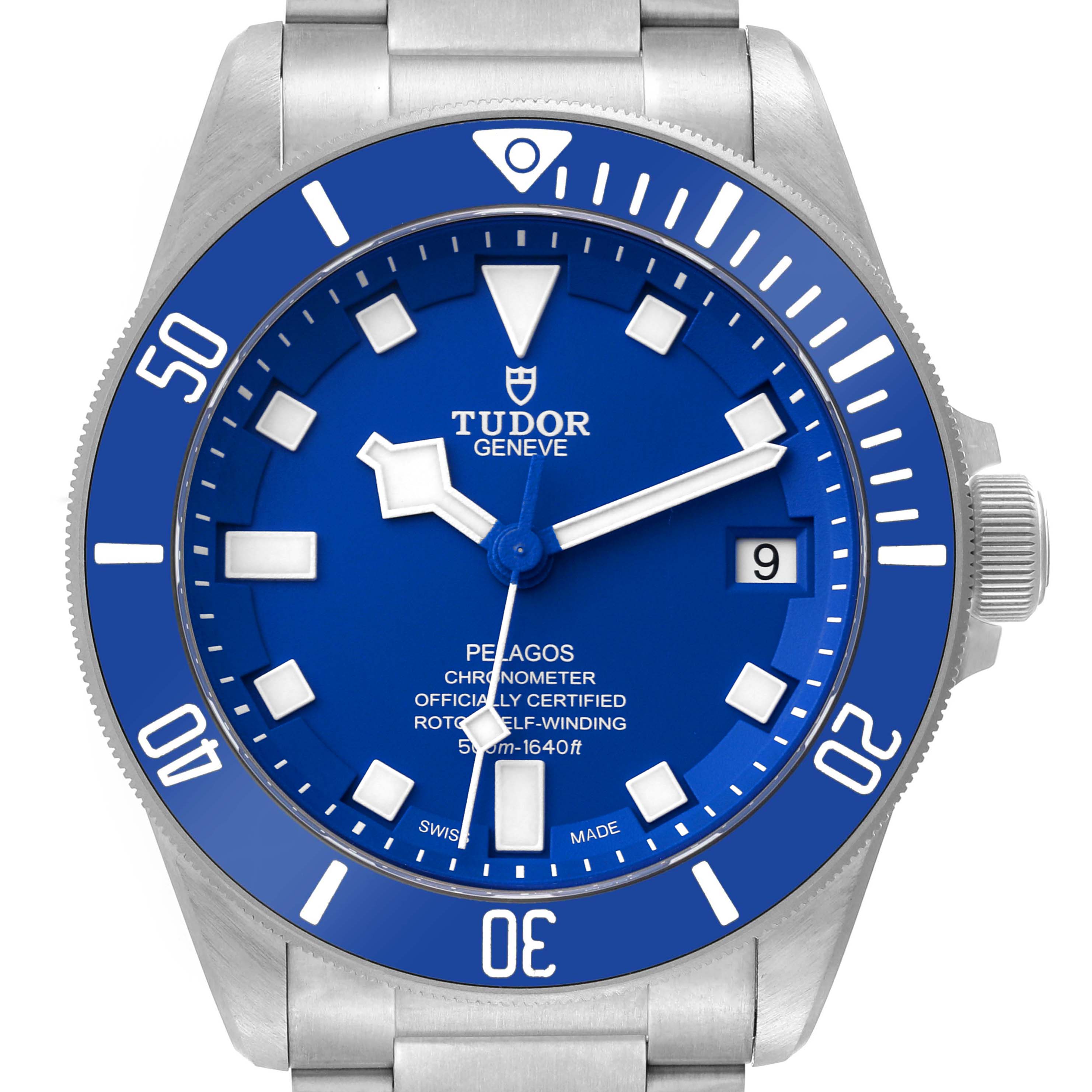 The image shows a front view of a Tudor Pelagos 25600TB Men's Titanium Blue Dial 25600TB Men's Titanium Blue Dial watch displaying the dial, bezel, crown, and part of the bracelet.