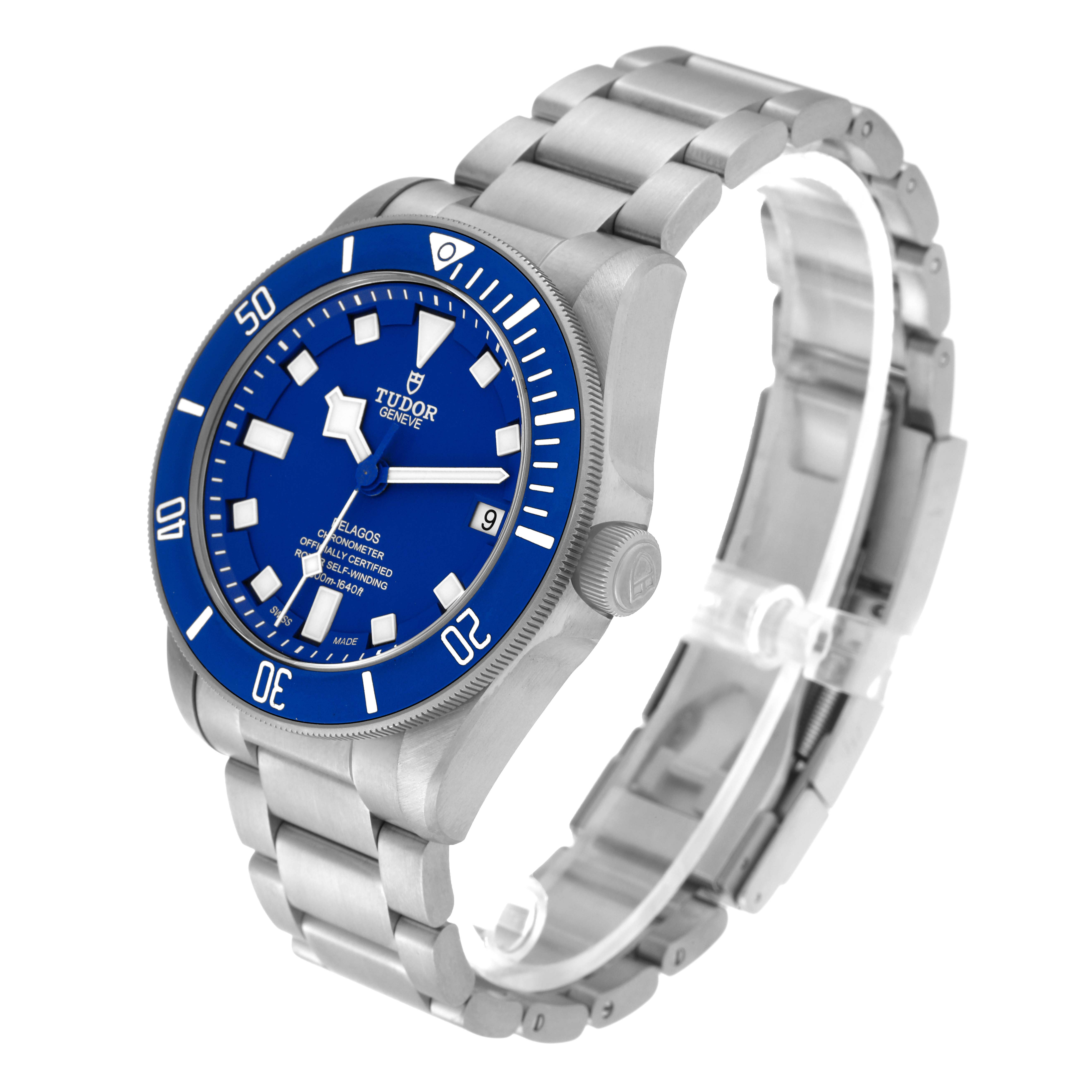 The image shows a Tudor Pelagos 25600TB Men's Titanium Blue Dial 25600TB Men's Titanium Blue Dial watch at a three-quarter view angle, highlighting its blue dial, bezel, and metal bracelet.