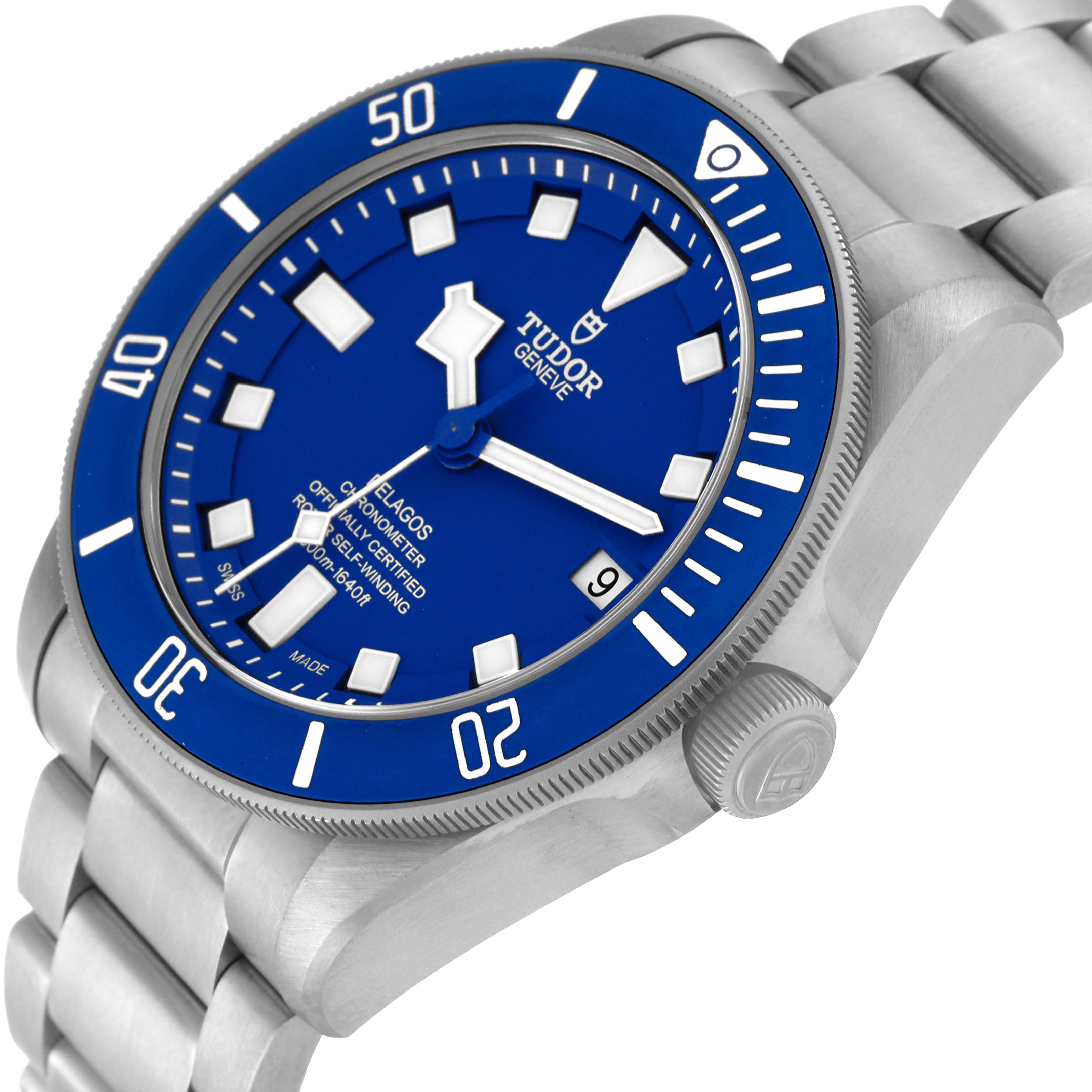 The image shows a close-up of the Tudor Pelagos 25600TB Men's Titanium Blue Dial 25600TB Men's Titanium Blue Dial watch, highlighting its blue dial, bezel, and metal bracelet from an angled side view.