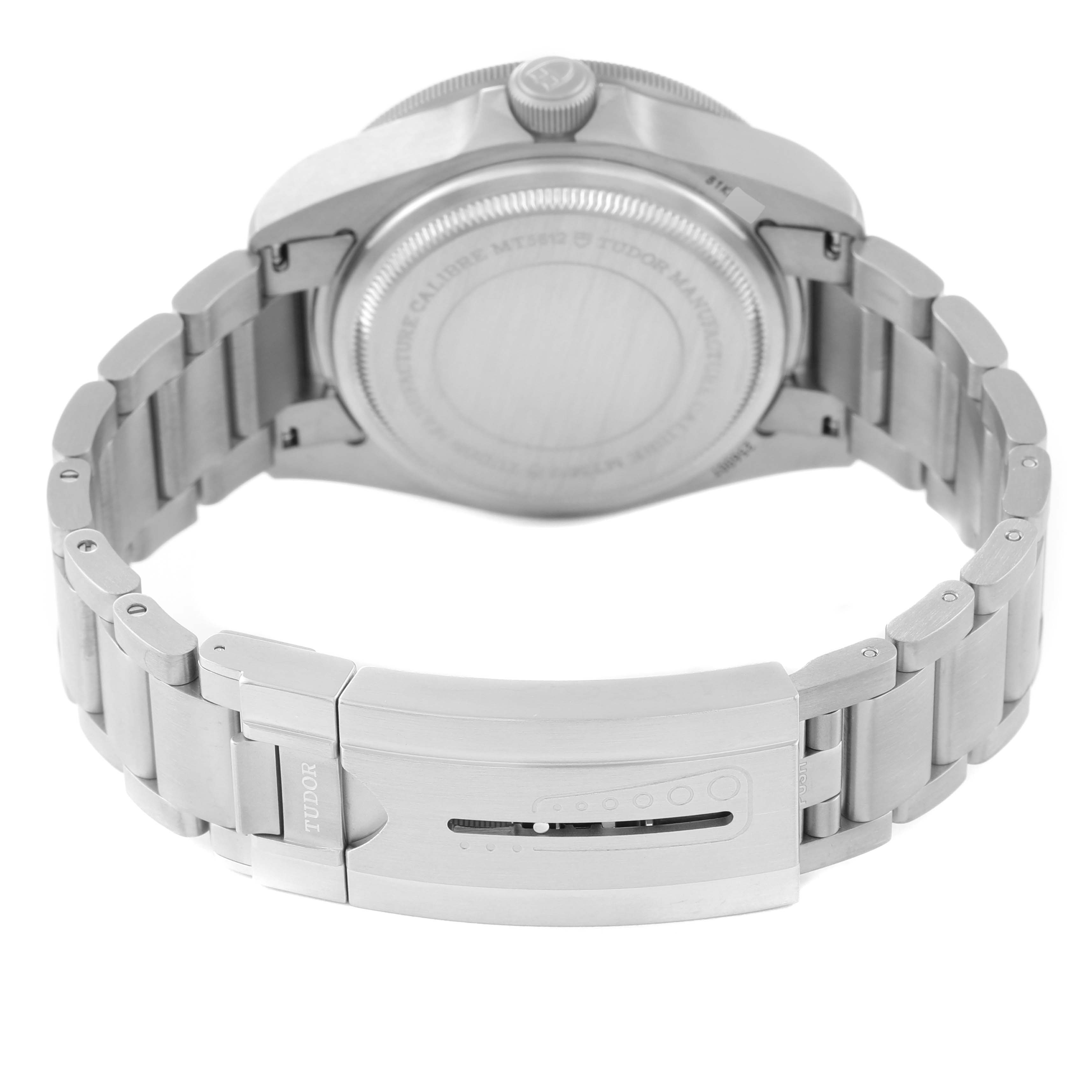 The image shows the back angle of the Tudor Pelagos 25600TB Men's Titanium Blue Dial 25600TB Men's Titanium Blue Dial watch, highlighting its case back, crown, and bracelet clasp.