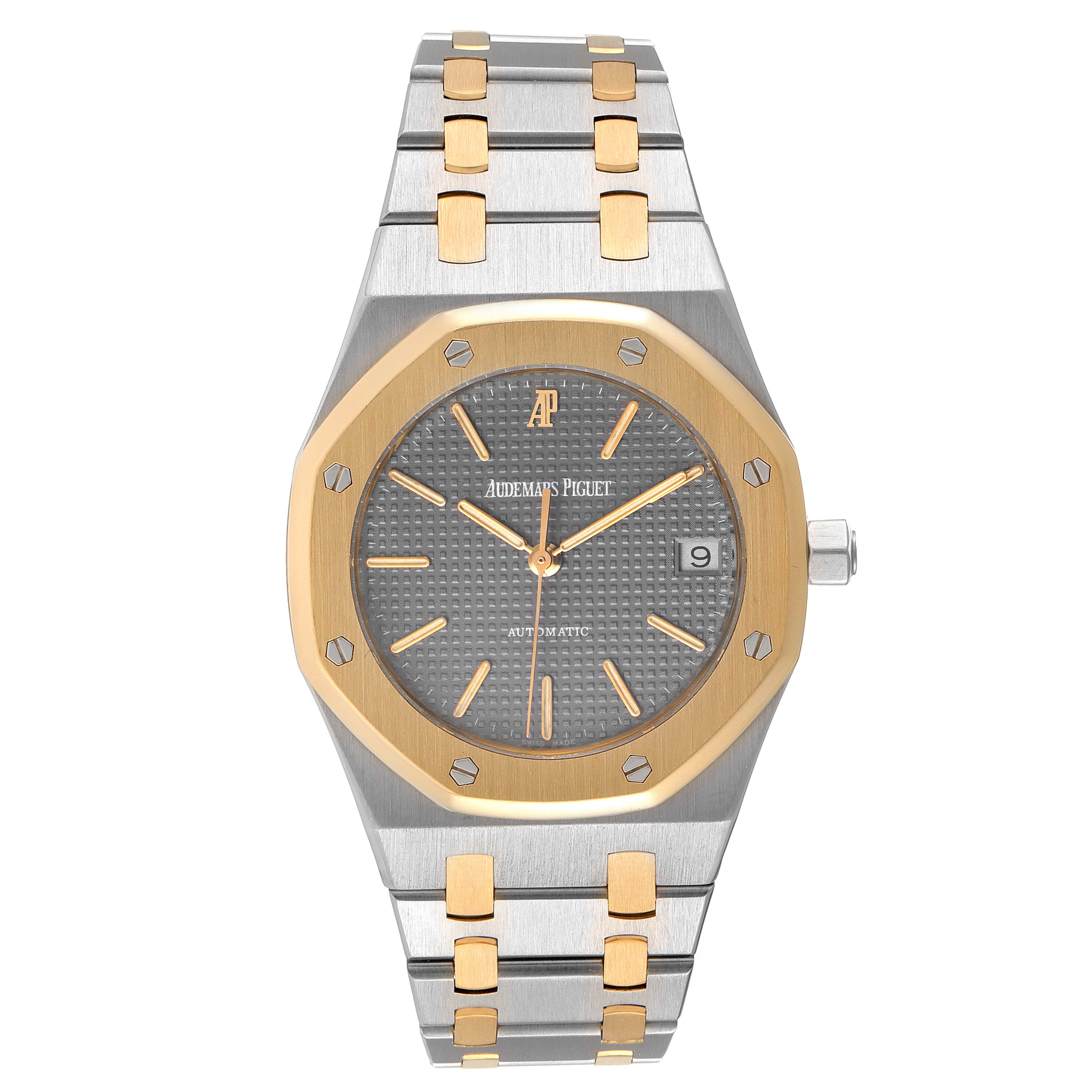 The image shows a front view of an Audemars Piguet Royal Oak 14790SA.OO.0789SA.01 Men's Steel and Gold (two tone) Grey Dial 14790SA.OO.0789SA.01 Men's Steel and Gold (two tone) Grey Dial watch, highlighting its dial, bezel, and bracelet.