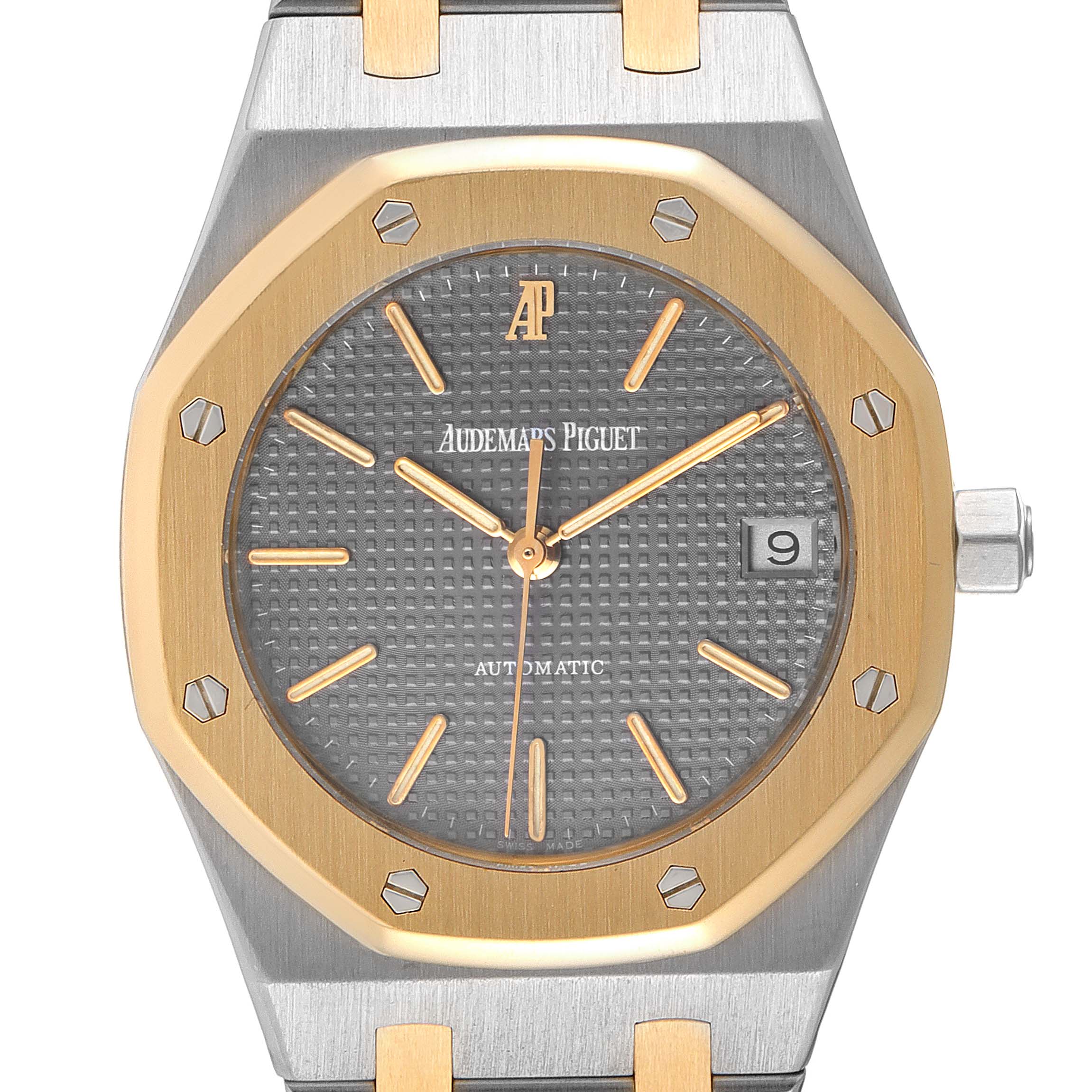 This image shows the front face and part of the bracelet of the Audemars Piguet Royal Oak 14790SA.OO.0789SA.01 Men's Steel and Gold (two tone) Grey Dial 14790SA.OO.0789SA.01 Men's Steel and Gold (two tone) Grey Dial watch, highlighting the octagonal bezel.