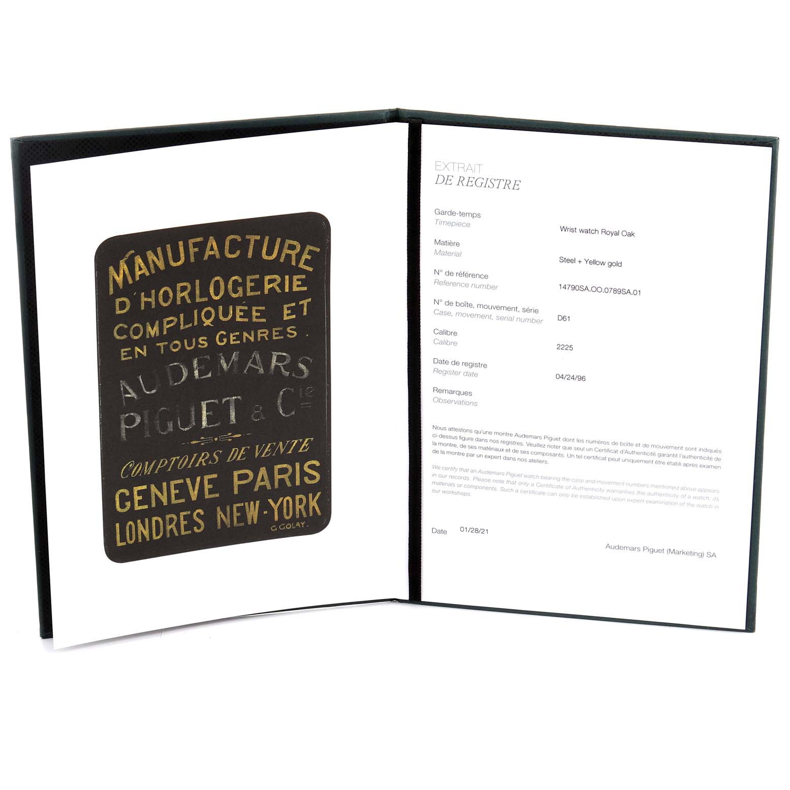 This image shows the registration certificate for an Audemars Piguet Royal Oak 14790SA.OO.0789SA.01 Men's Steel and Gold (two tone) Grey Dial 14790SA.OO.0789SA.01 Men's Steel and Gold (two tone) Grey Dial wristwatch.