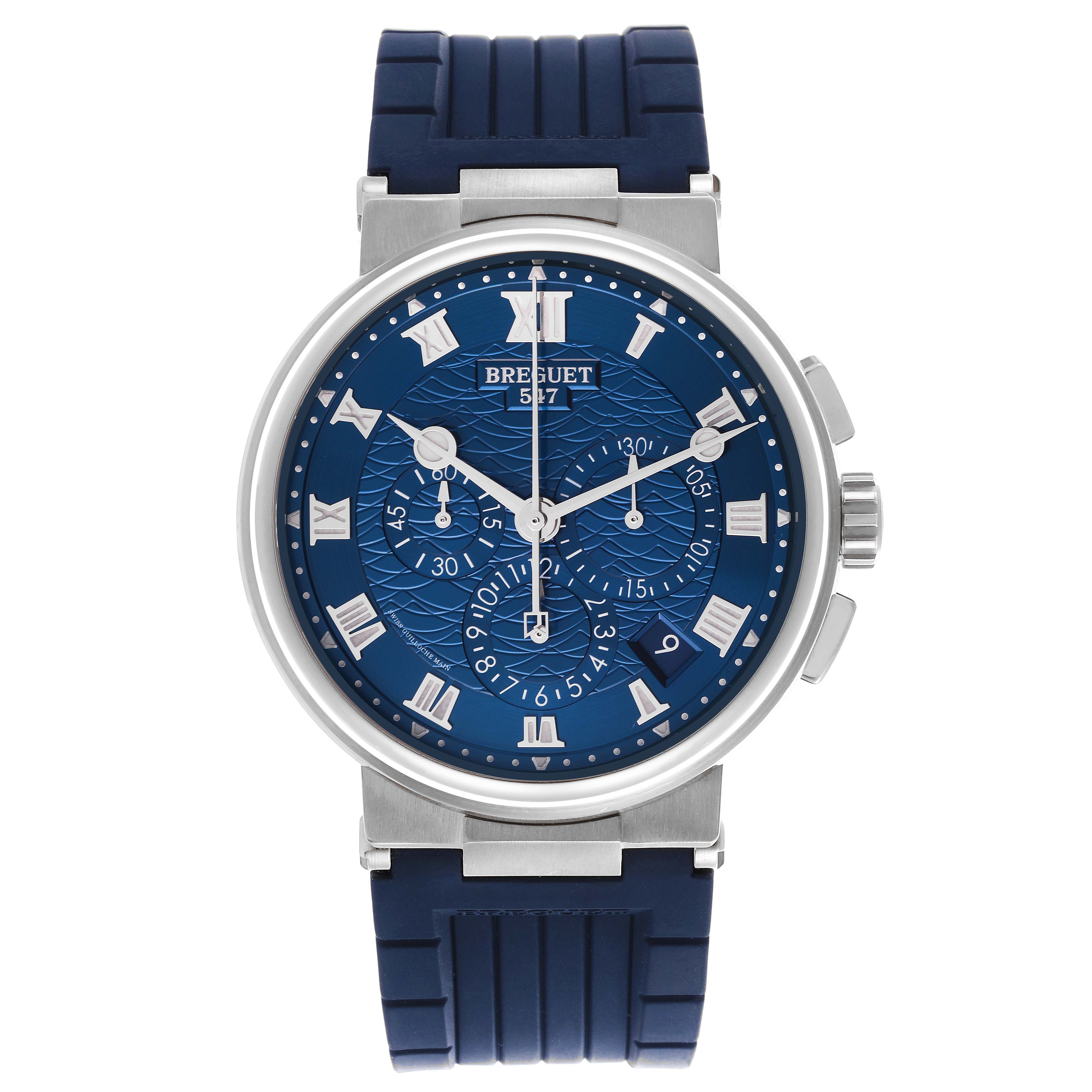 The image shows a frontal view of the Breguet Marine 5527BB/Y2/9WV Men's White Gold Blue Dial 5527BB/Y2/9WV Men's White Gold Blue Dial watch, highlighting its blue dial and strap.