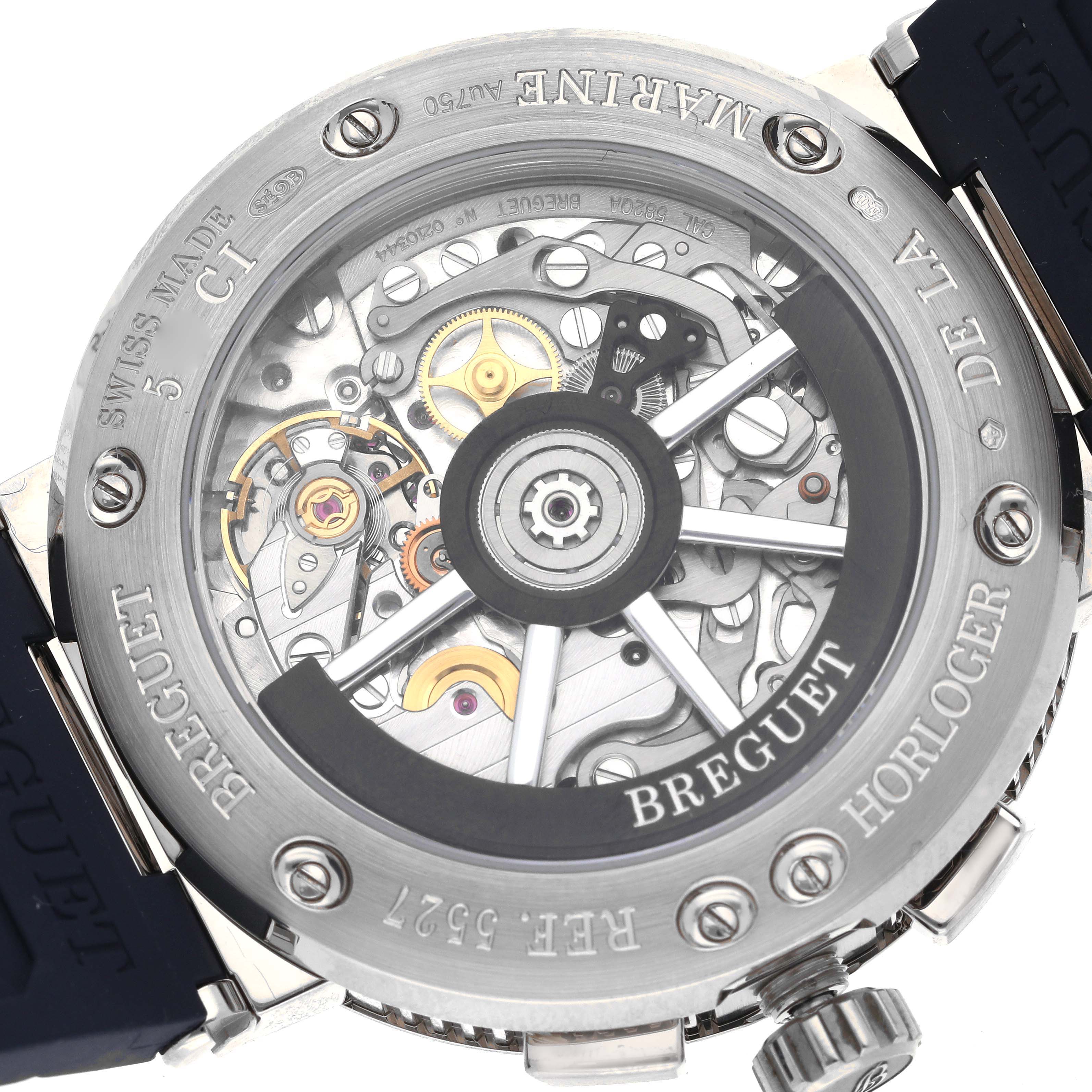 The image shows a rear view of the Breguet Marine 5527BB/Y2/9WV Men's White Gold Blue Dial 5527BB/Y2/9WV Men's White Gold Blue Dial model, highlighting its movement and inner mechanics.