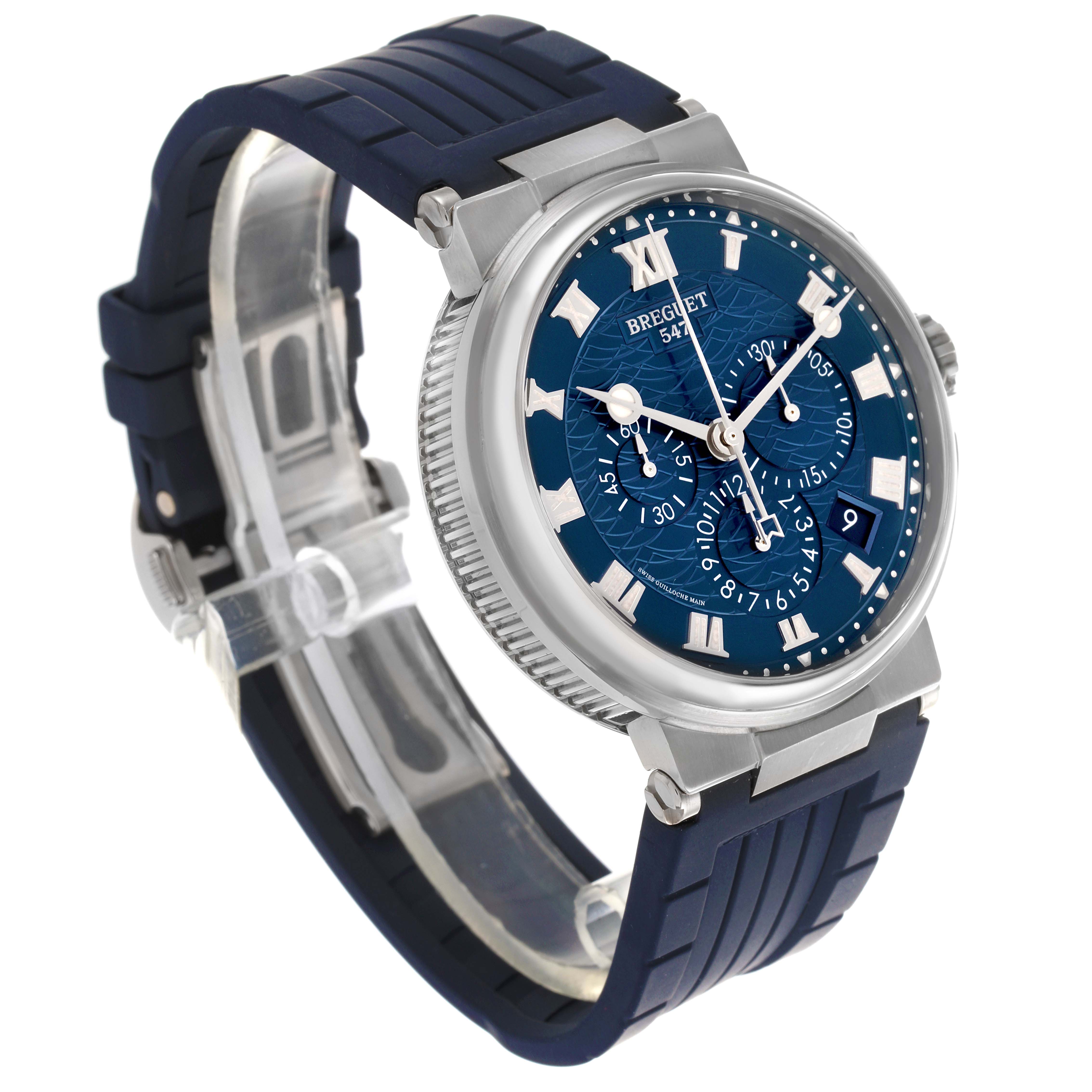 The Breguet Marine 5527BB/Y2/9WV Men's White Gold Blue Dial 5527BB/Y2/9WV Men's White Gold Blue Dial watch is shown at a slight angle, displaying its face, blue strap, and side profile.