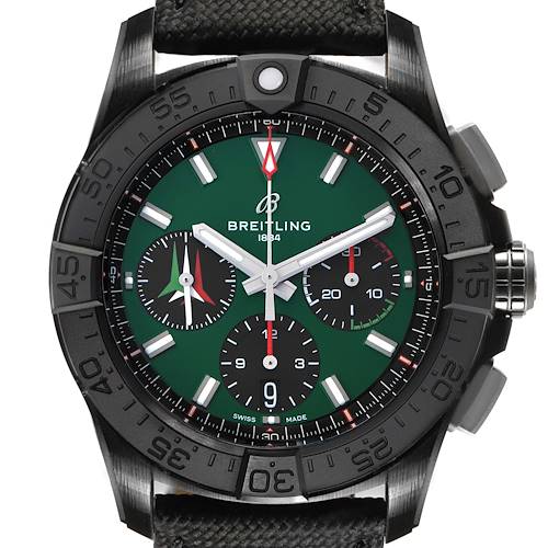 The image shows a front view of the Breitling Avenger SB0146 Men's Ceramic Green Dial watch, highlighting the bezel, dial, subdials, and strap.