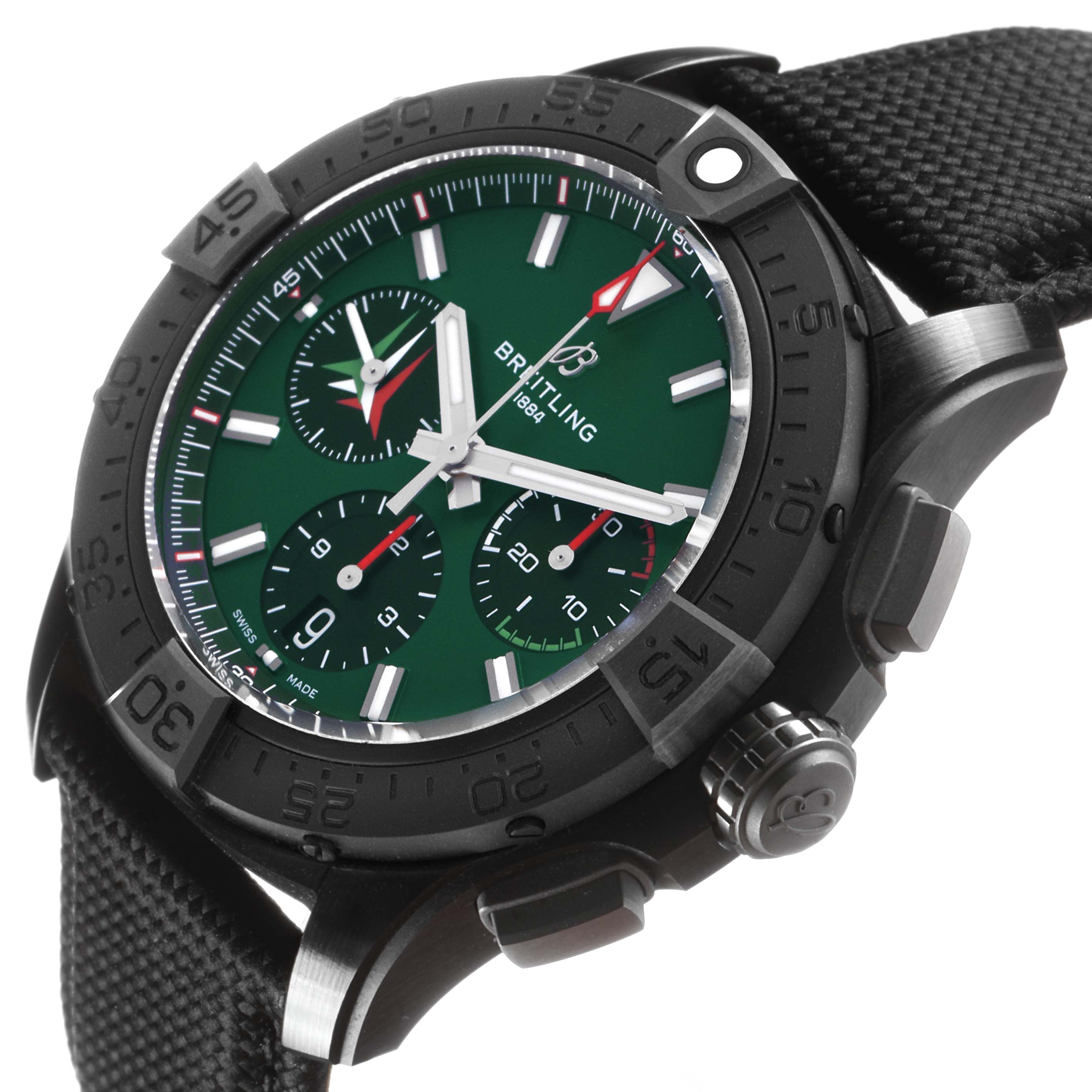 The Breitling Avenger SB0146 Men's Ceramic Green Dial watch is shown at an angled close-up, displaying the bezel, dial, chronograph, and strap.
