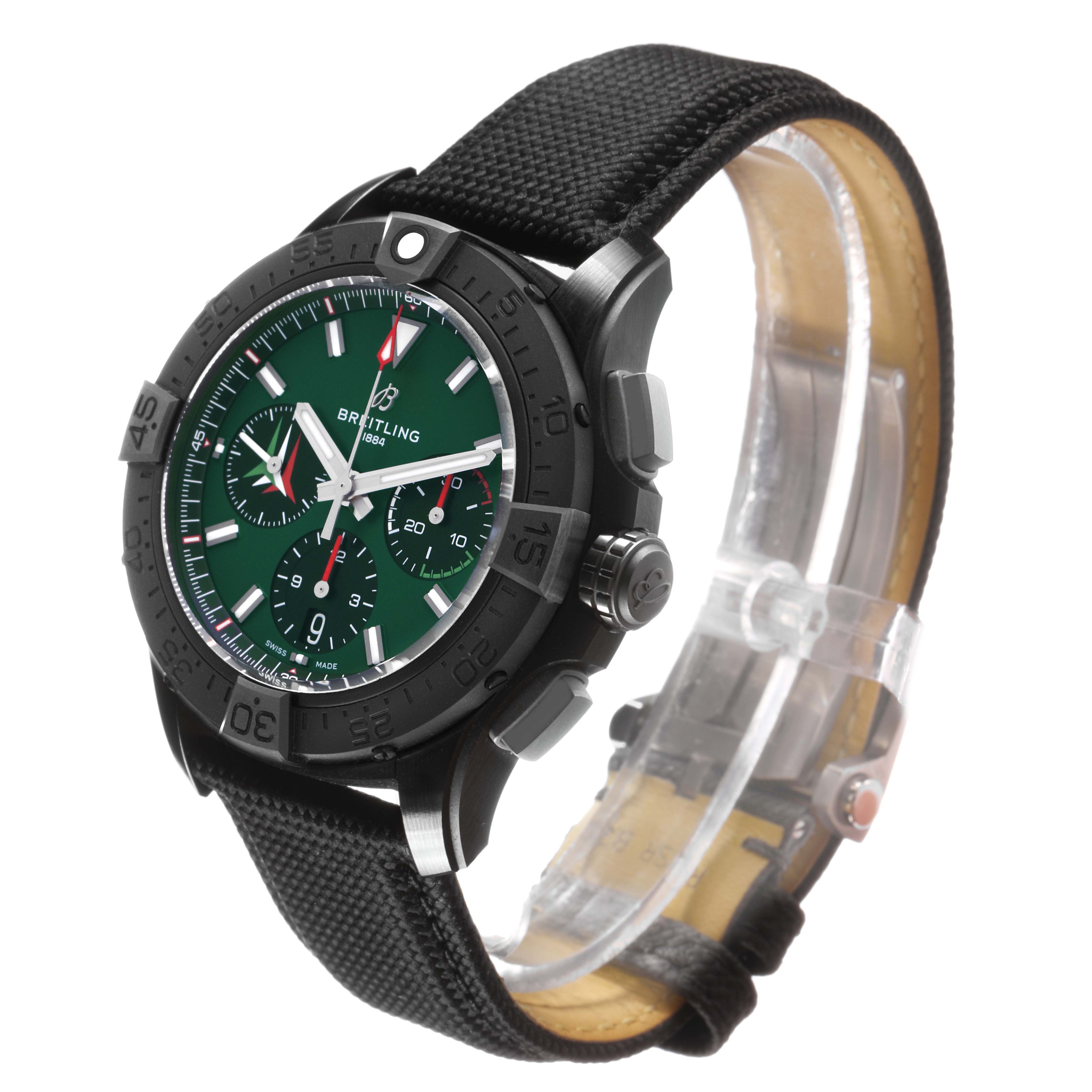 The Breitling Avenger SB0146 Men's Ceramic Green Dial model watch is shown at an angled side view, highlighting the bezel, dial, and strap.