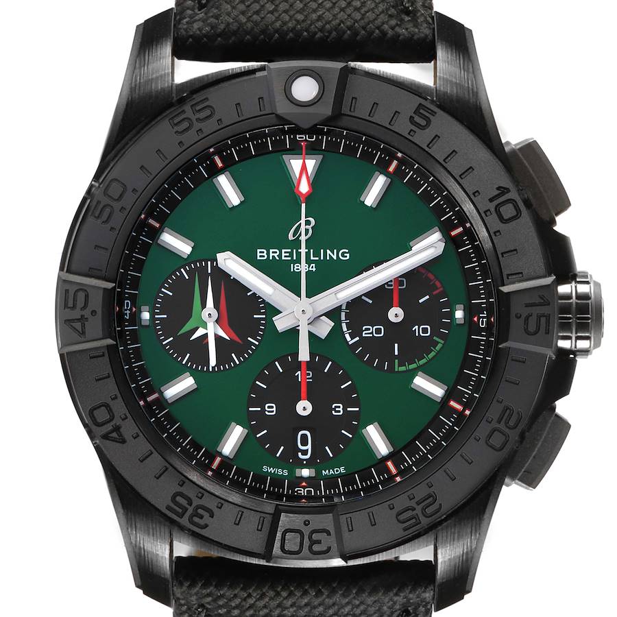 The Breitling Avenger SB0146 Men's Ceramic Green Dial watch is shown from the front, highlighting the dial, bezel, chronograph sub-dials, and crown.