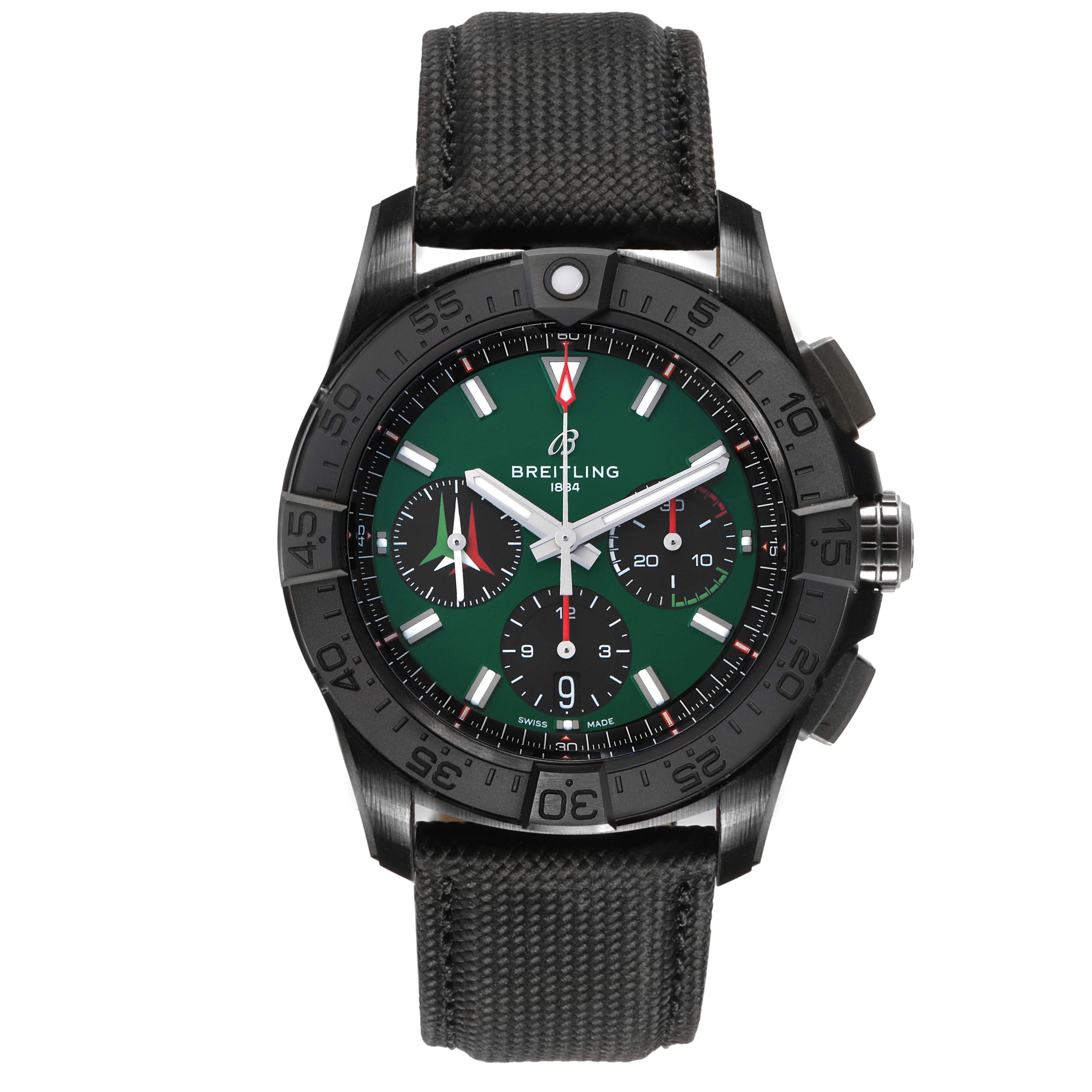 The Breitling Avenger SB0146 Men's Ceramic Green Dial watch is shown from the front, featuring a green dial, chronograph subdials, and a black strap.