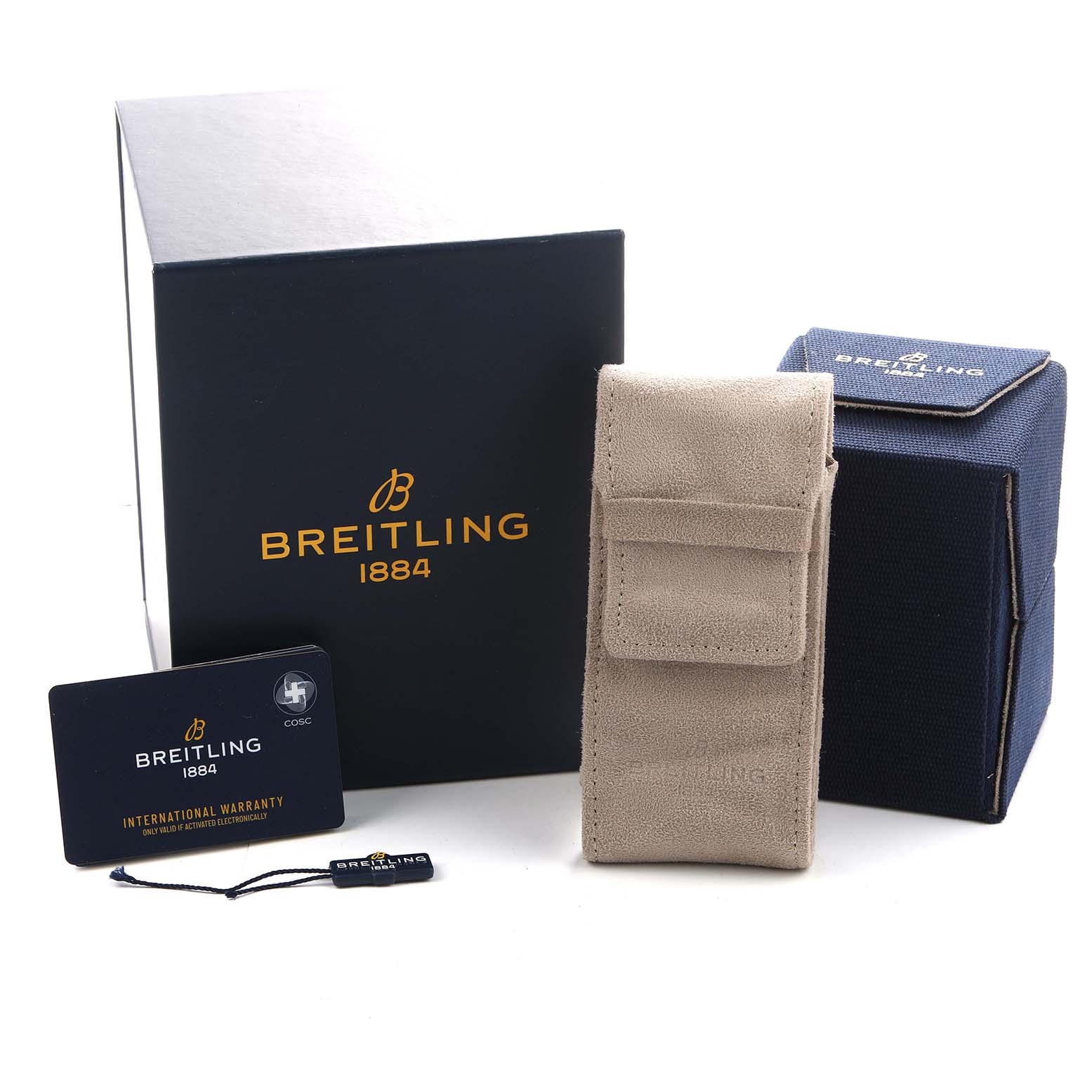 The image shows a Breitling Avenger SB0146 Men's Ceramic Green Dial watch box, a warranty card, a protective pouch, and a tag from a frontal angle.