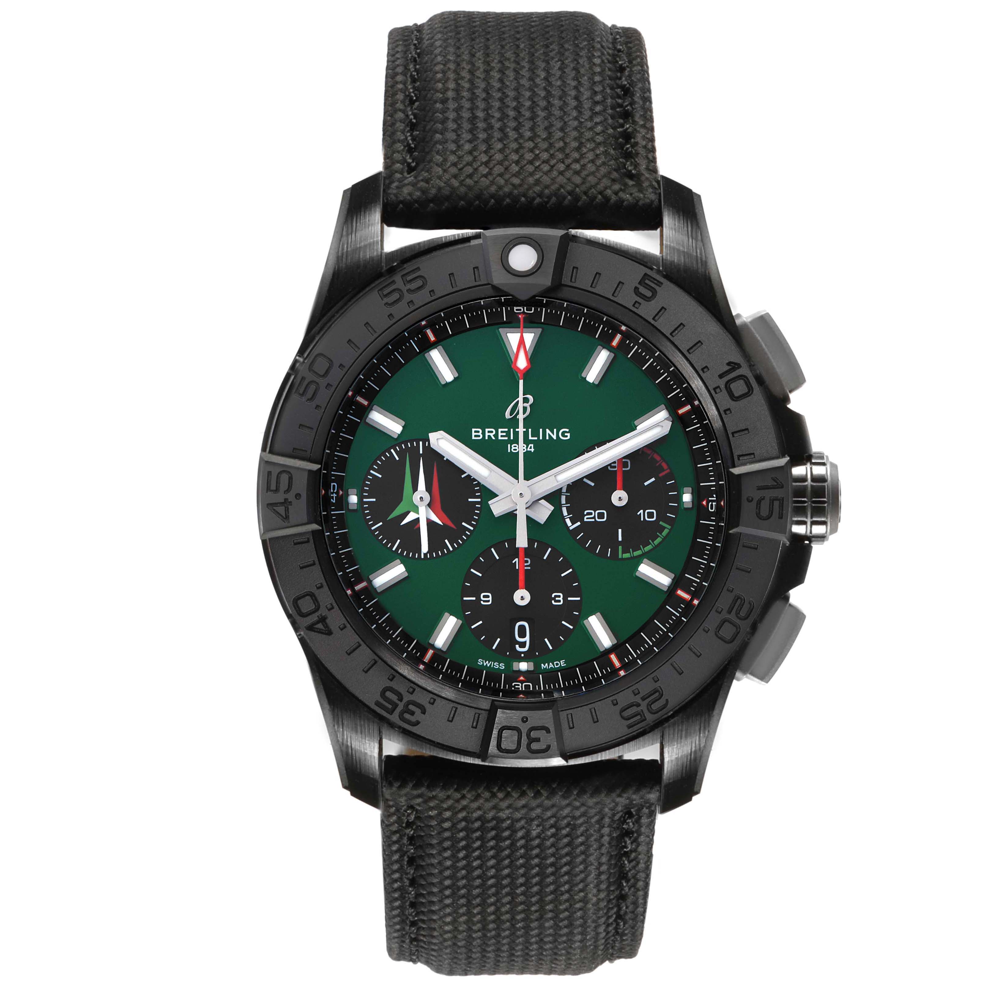 The Breitling Avenger SB0146 Men's Ceramic Green Dial watch is shown from a front angle, displaying the face, bezel, crown, and strap.