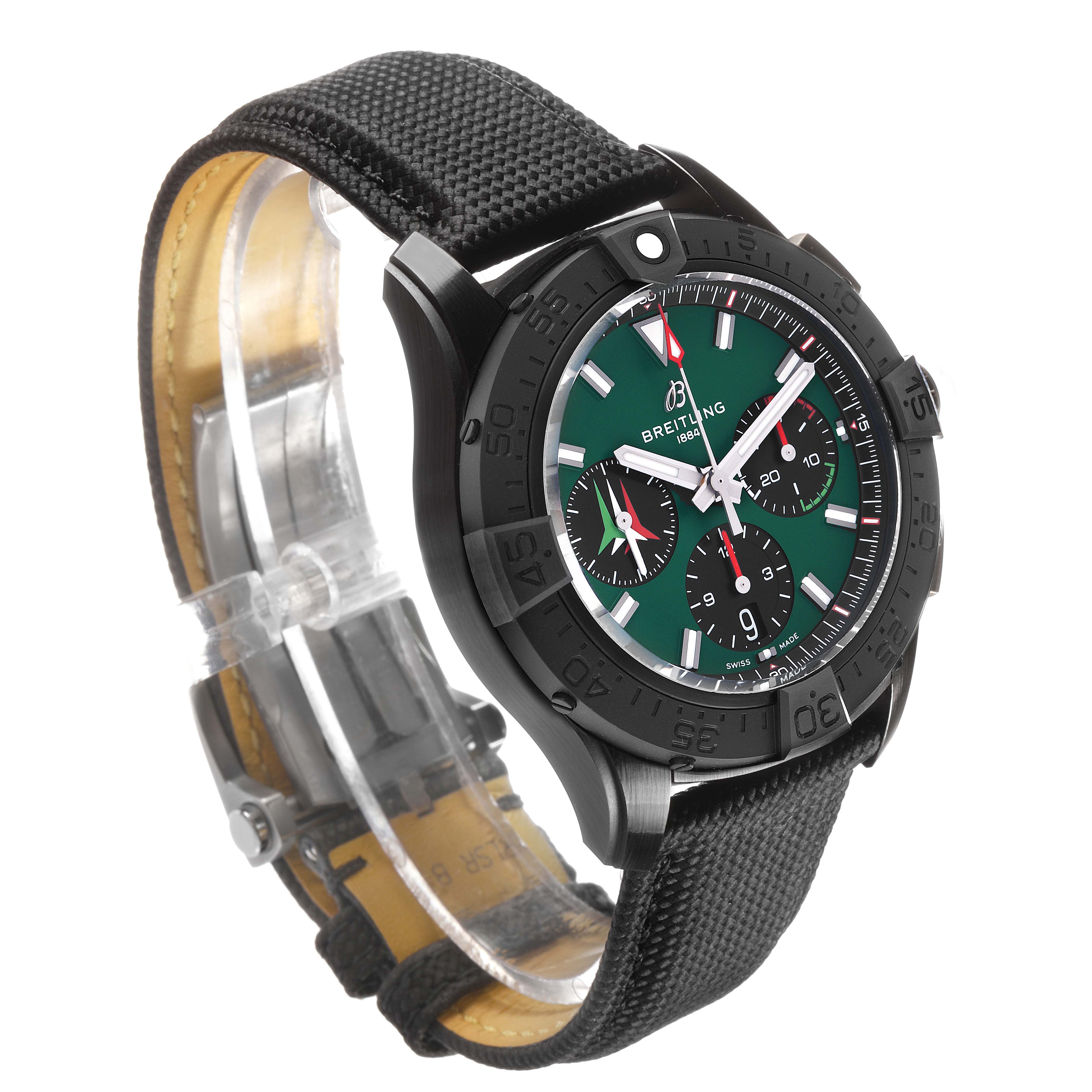 The Breitling Avenger SB0146 Men's Ceramic Green Dial watch is shown at an angle highlighting the face, bezel, and strap, focusing on its green dial and chronograph features.