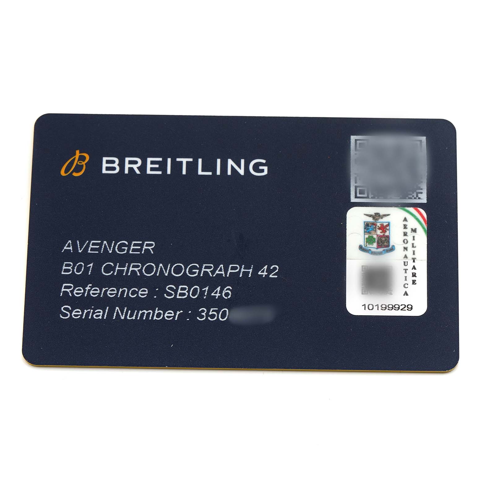 This image shows a warranty card for the Breitling Avenger SB0146 Men's Ceramic Green Dial B01 Chronograph 42, including reference and serial numbers.