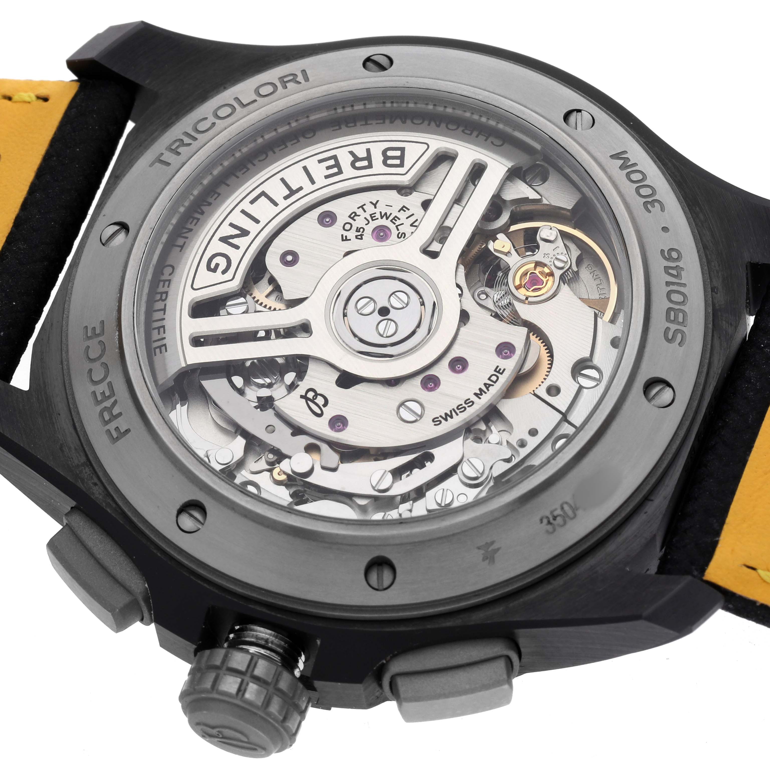 The image shows the back view of a Breitling Avenger SB0146 Men's Ceramic Green Dial watch, revealing its transparent case back and movement.