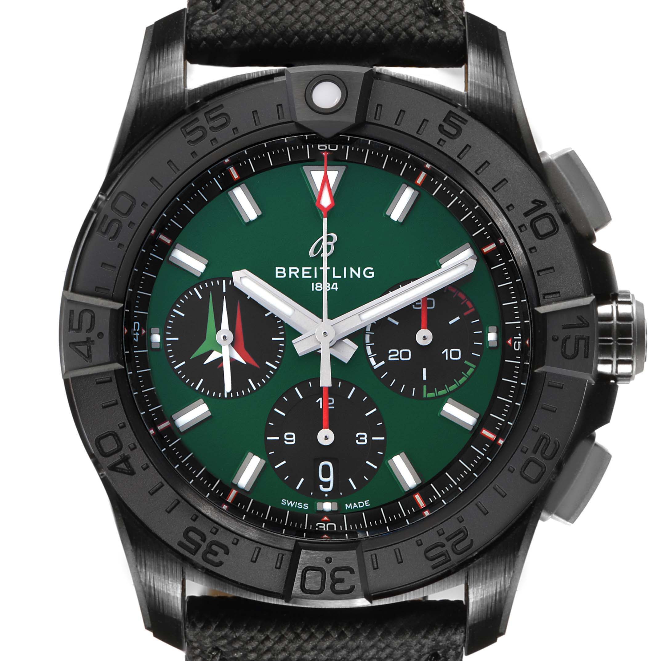 The Breitling Avenger SB0146 Men's Ceramic Green Dial watch is shown from a front angle, displaying the dial, bezel, subdials, and strap in detail.
