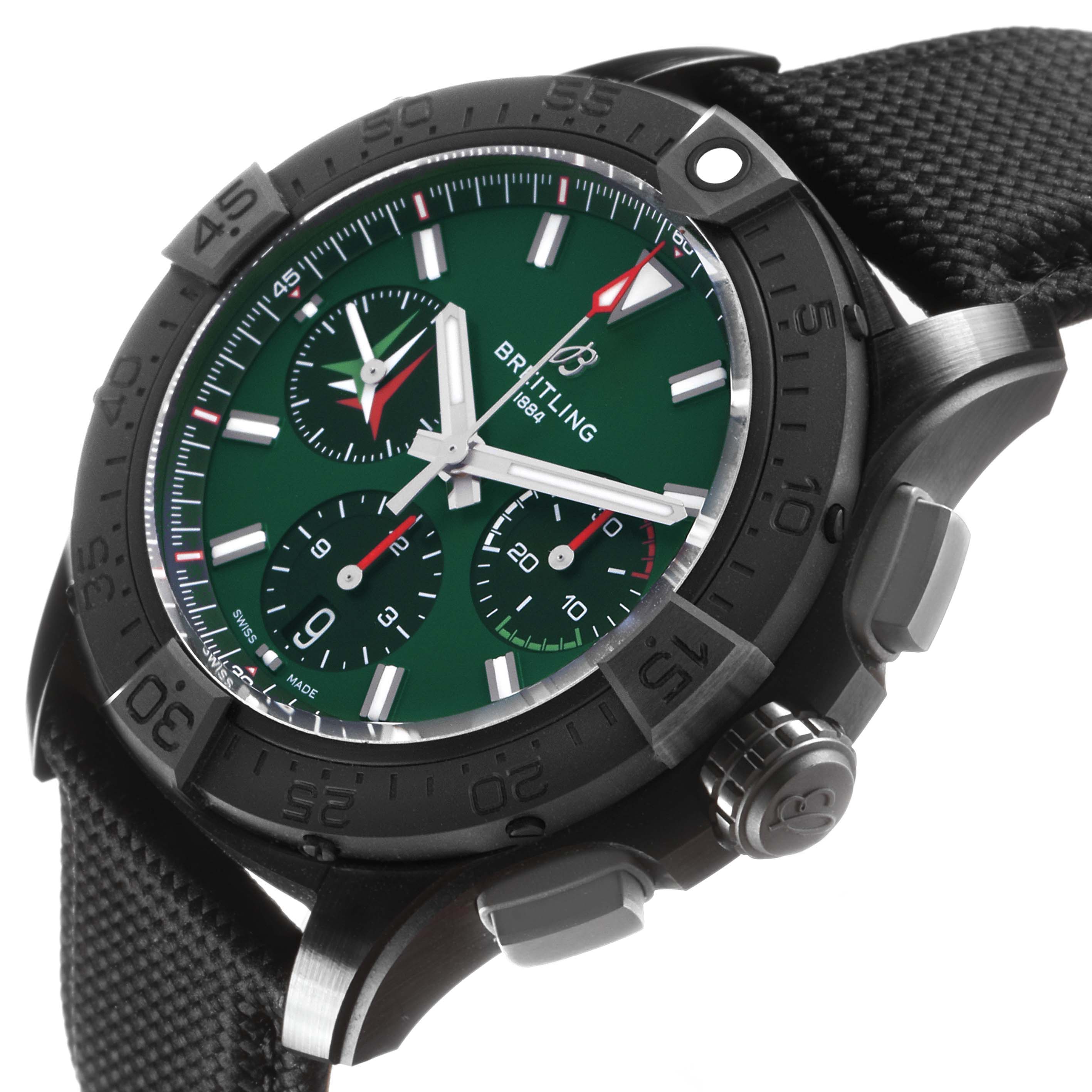 The Breitling Avenger SB0146 Men's Ceramic Green Dial watch is shown at an angle highlighting the dial, bezel, pushers, crown, and part of the strap.