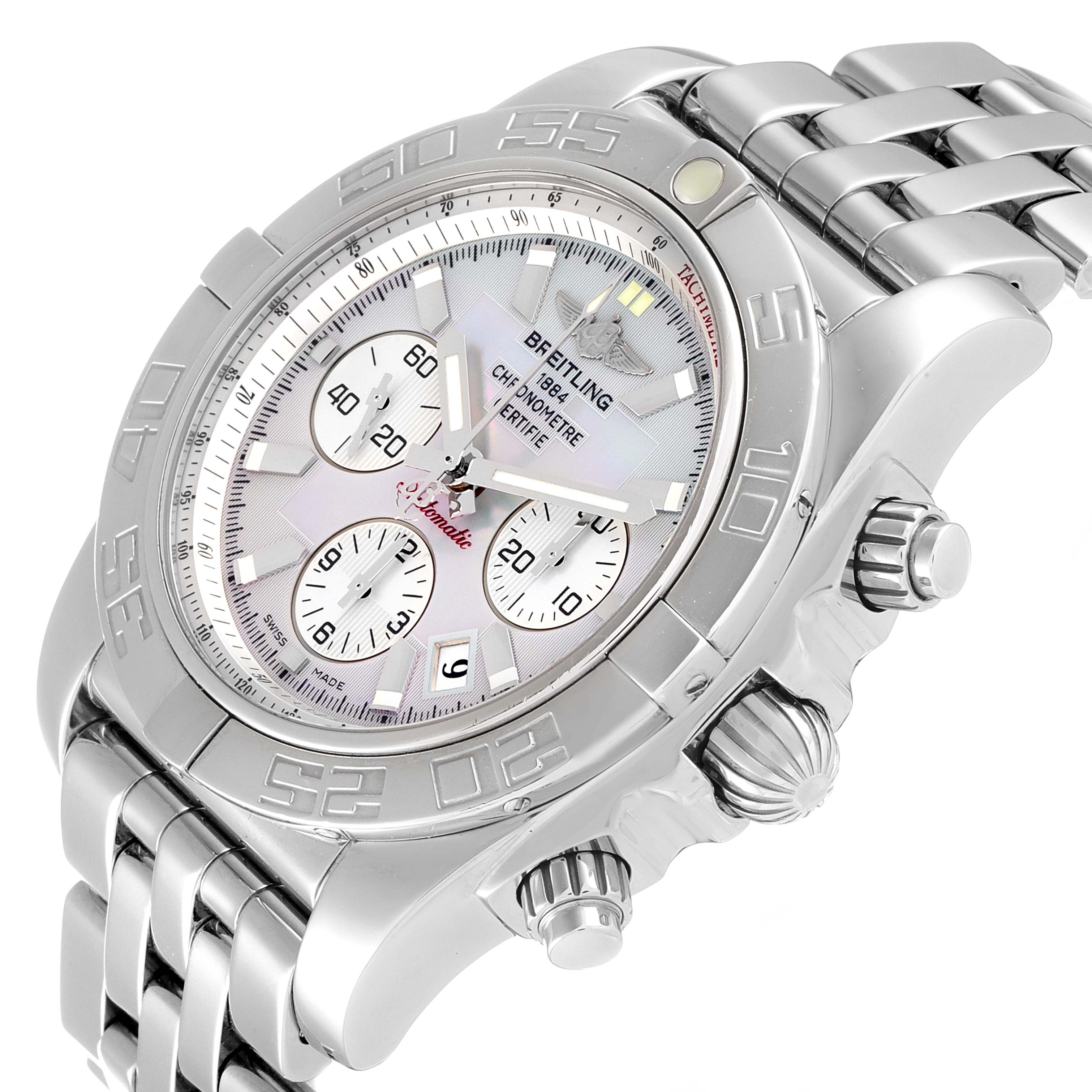 The image shows a Breitling Chronomat AB0110 Men's Stainless Steel Mother of Pearl Dial AB0110 Men's Stainless Steel Mother of Pearl Dial watch angled to display its face, chronograph dials, bezel, and metal bracelet.