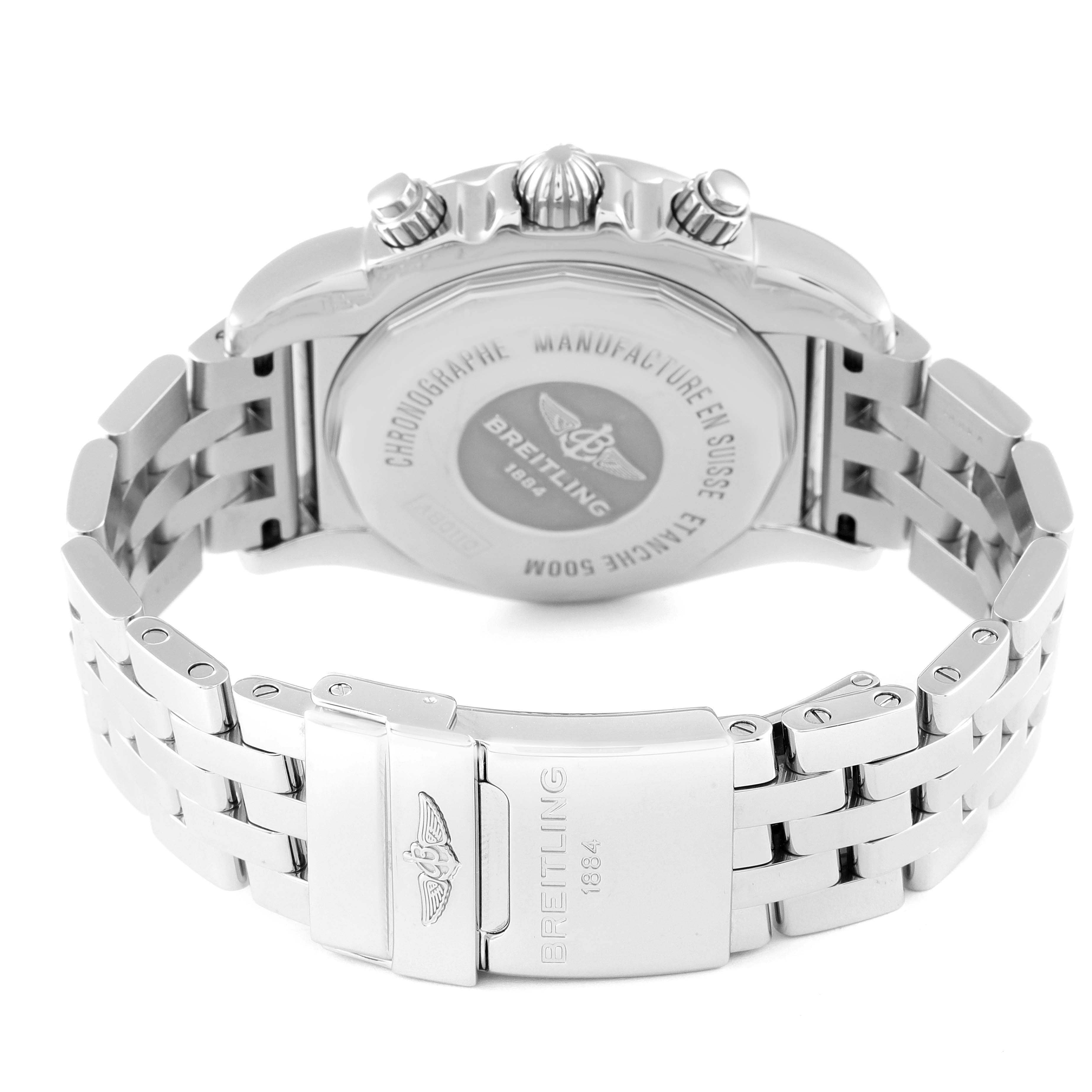 The image shows the back view of a Breitling Chronomat AB0110 Men's Stainless Steel Mother of Pearl Dial AB0110 Men's Stainless Steel Mother of Pearl Dial watch, highlighting its case, crown, and metal bracelet clasp.